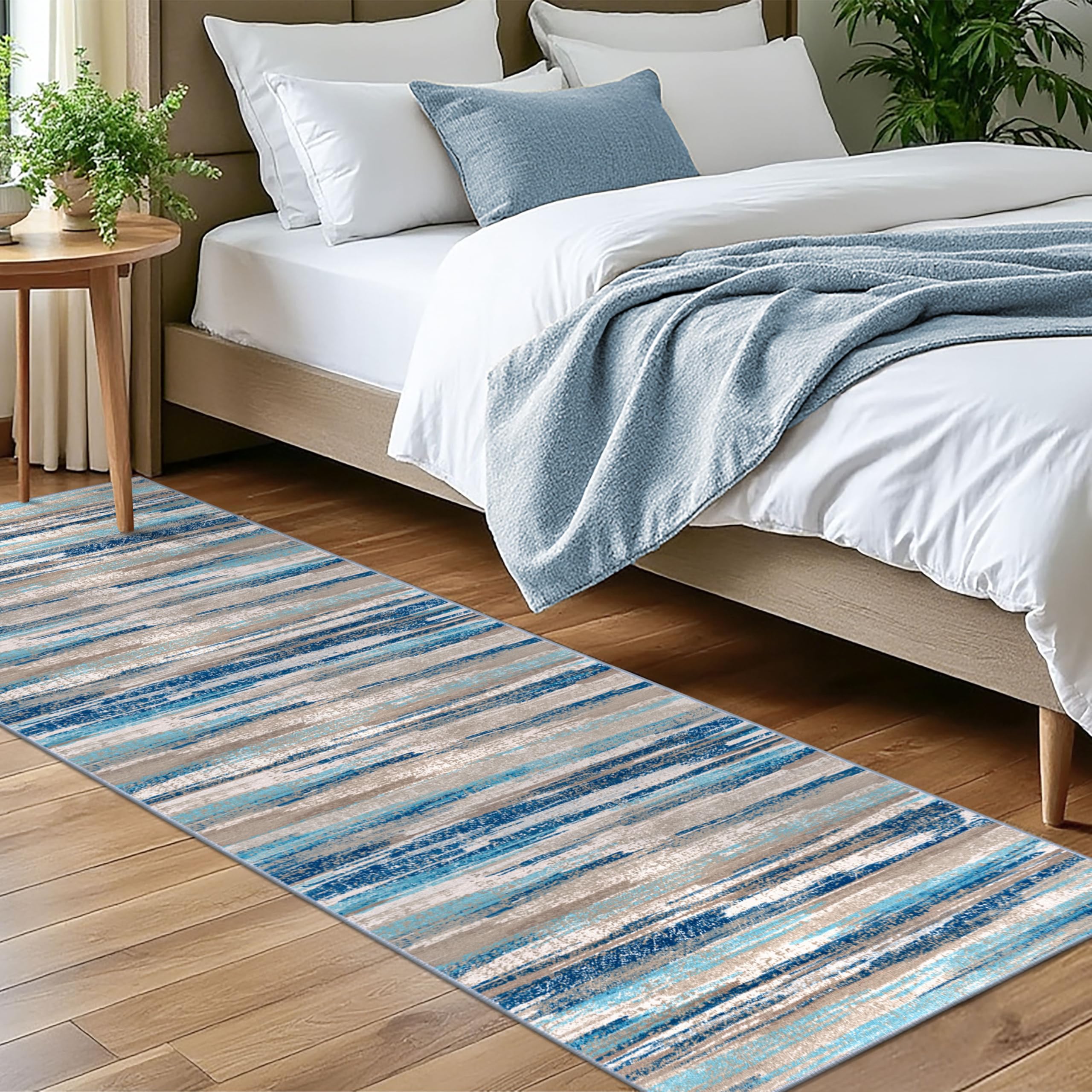 Lansny Modern Abstract Bedroom Runner Rug 2x7, Blue Washable Kitchen Runner, Non-Slip Soft Thin Faux Wool Mat for Entryway, Hallway, Laundry Room,