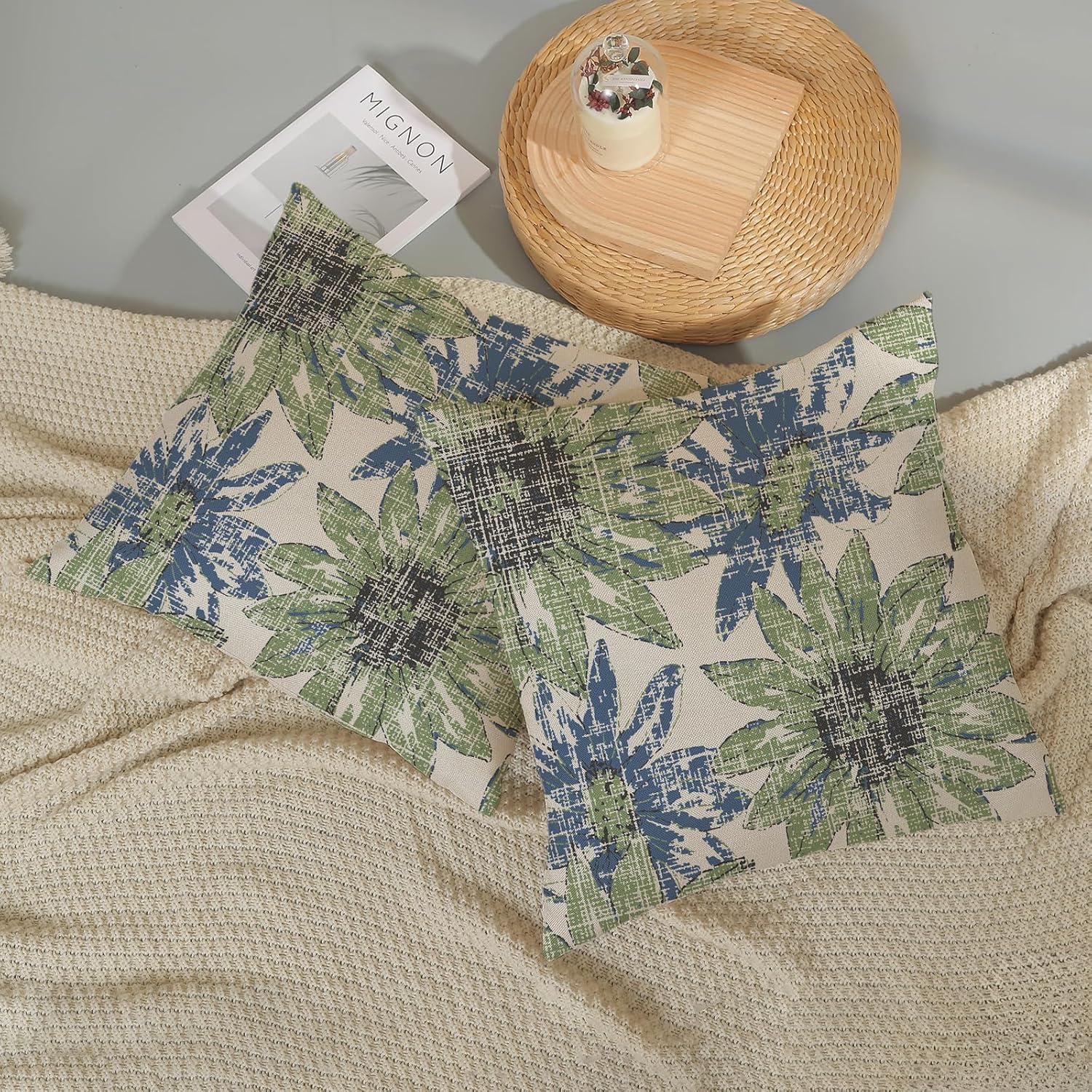 Blue Green Pillow Covers 18x18 Set of 2 Retro Sunflower Flowers Print Decorative Pillow Cases Modern Art Floral Throw Pillows Outdoor Decor Linen Farmhouse Cushion Cover for Couch Home Sofa - Image 5