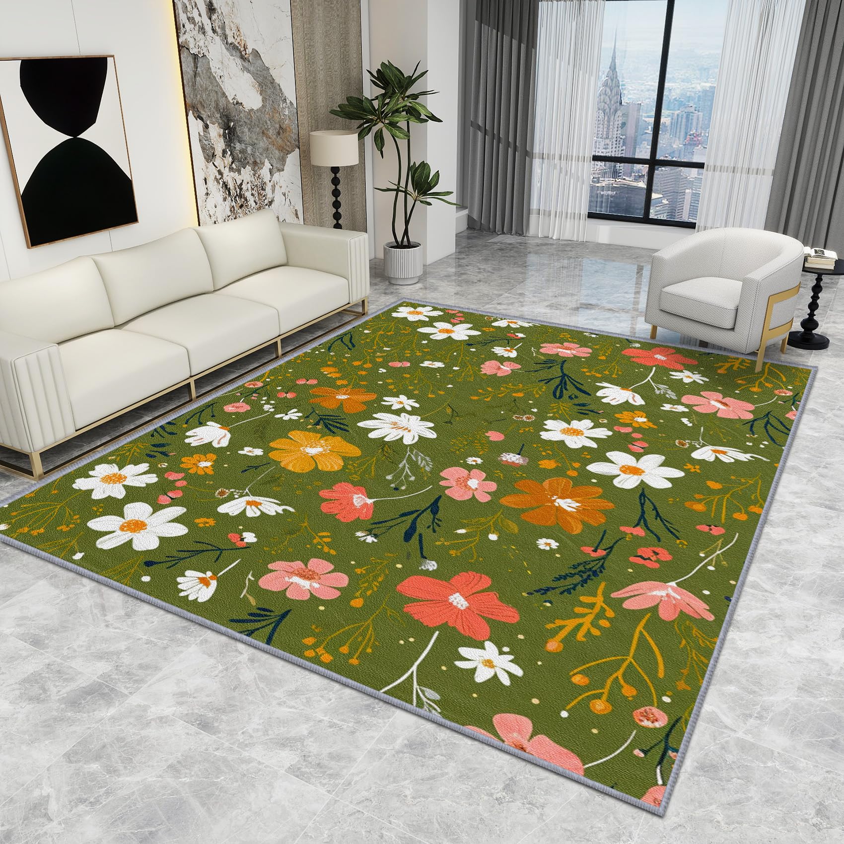 Floral Rug Green - Floral Rug - Botanical Colourful Flower Rugs, Multicolour Wildflower Green Carpet, Washable Rug Non Slip Low Pile Soft Small Area Rugs, Floral Home Decor Gifts, 60 X 90 cm