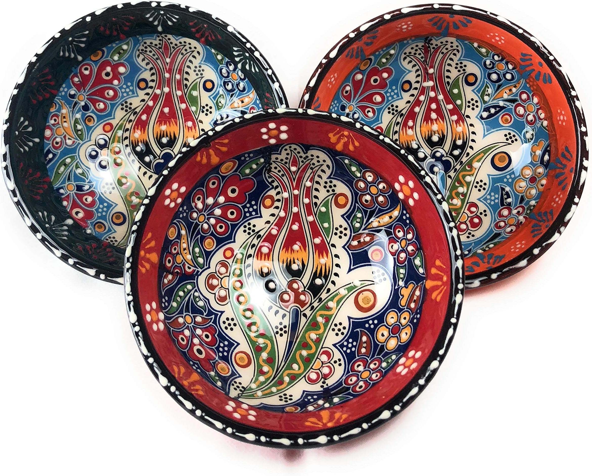 Handcrafted Ceramic Bowl Set, Assorted Design, Multicolor Set of 3, Handmade Hand Painted Turkish Bowls Medium Size (bowlset10)