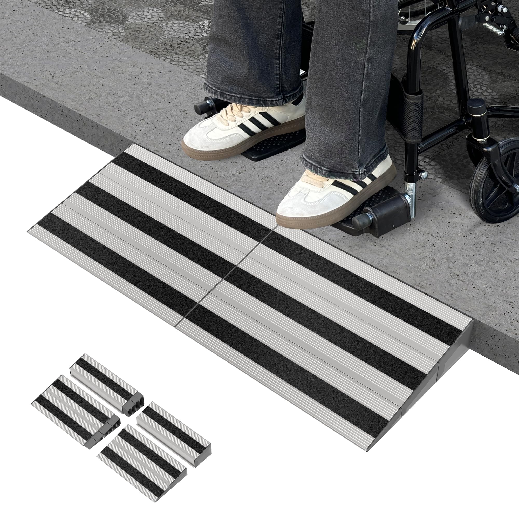Rampa modular de aluminio para puerta de casa, escalones, ajustable y antideslizante, para sillas de ruedas, cochecitos, etc. Capacidad de carga de 500 kg (7,6 cm de altura)