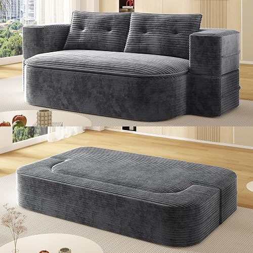 78.7" Futon Sofa Bed, 2-in-1 Foldable Sleeper Sofa, Convertible Sofa Bed with Pillows, Corduroy Couch with Multi Functional Blanket Upholstered Boneless Couches for Living Room, Dark Gray