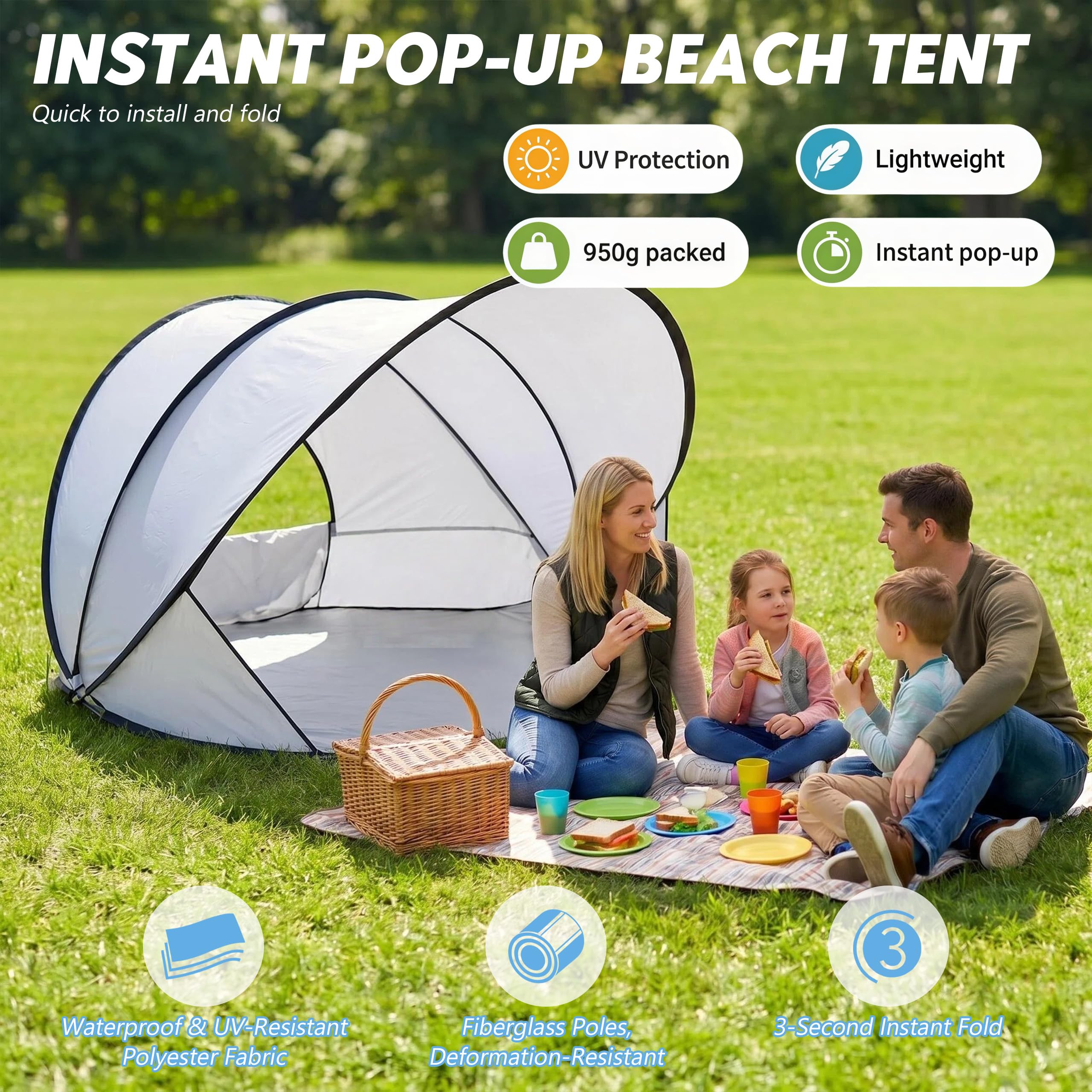 Abri de Plage Pop Up Tente de Plage Automatique Portable avec Protection | UV 50+ et Coupe-Vent, Tente Pare-Soleil pour 2-3 Personnes, Camping Jardin Plage, Bleu
