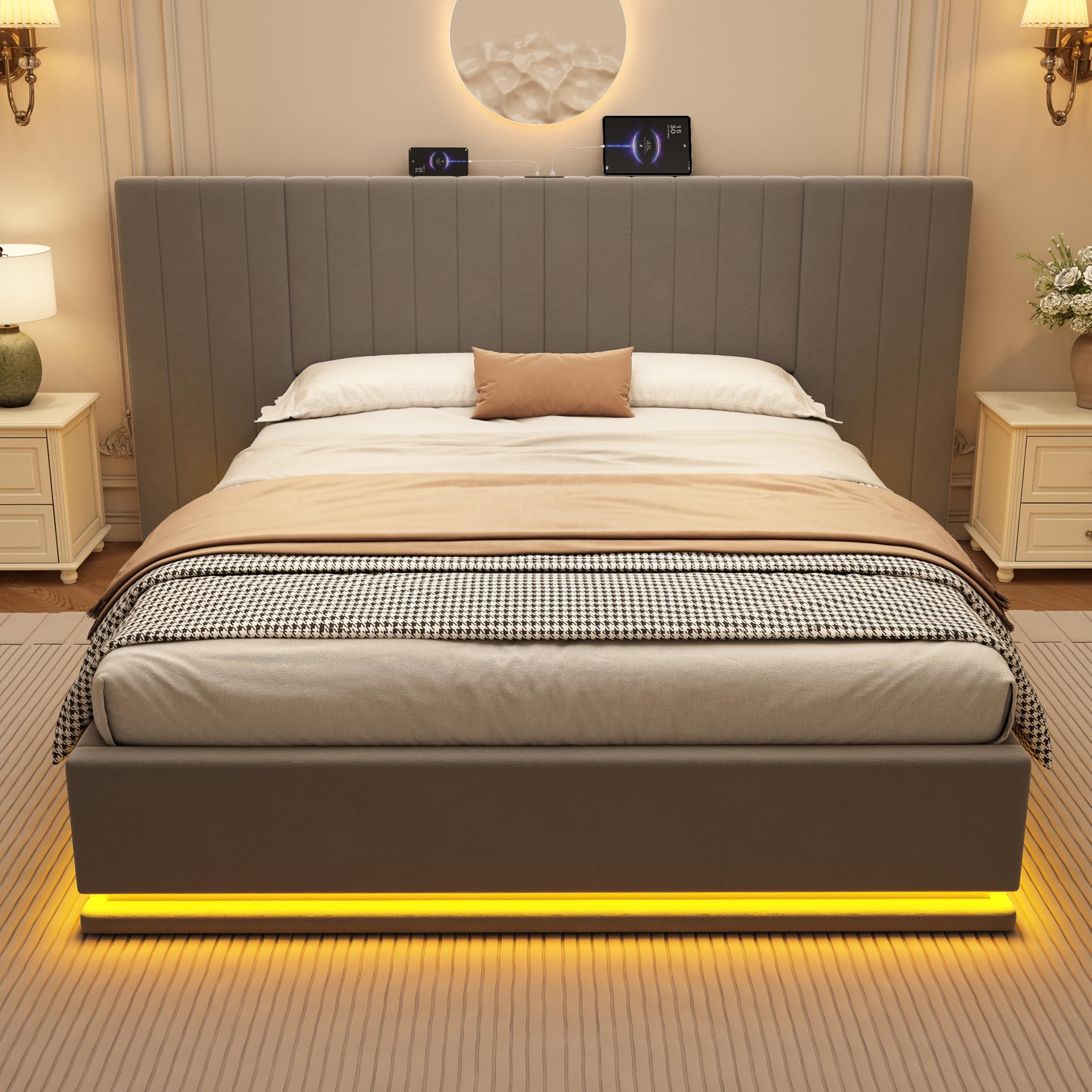 Ball & Cast Ottoman King Bed Frame with Storage, Upholstered Bed Frame with Adjustable Headboard, Velvet Double Bed Frame with Hydraulic and LED-Light Strips, Grey, 5FT-150 x 200 cm, (No Mattress) — image 1