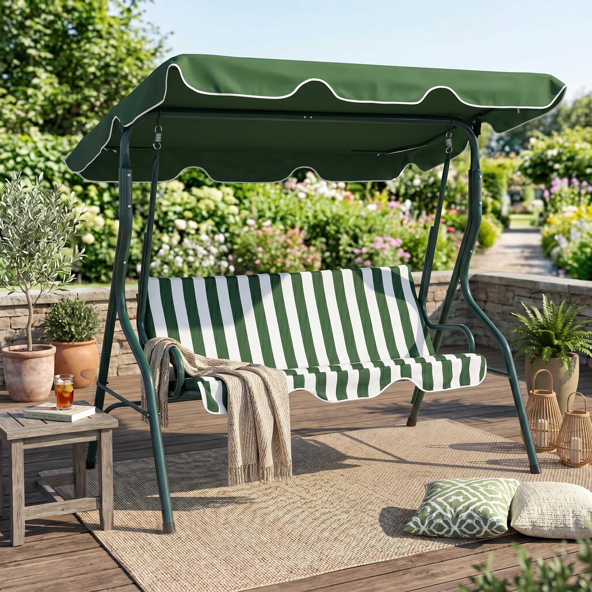 Outsunny Dondolo da Giardino 3 Posti con Tettuccio Parasole Regolabile Rimovibile, Dondolo da Esterno con Cuscino Morbido in Poliestere, Portata 240 kg, 170x110x153 cm, Verde e Bianco