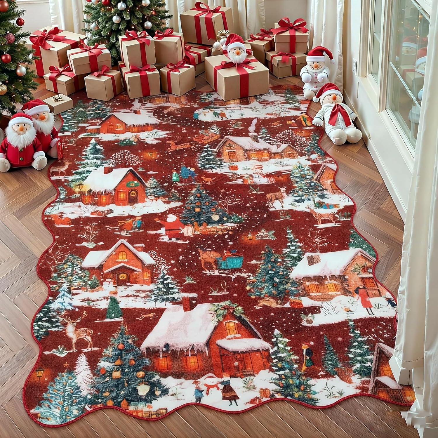 Wonnitar Christmas 3x5 Washable Rug, Soft Christmas Area Rugs for Living Room, Non Slip Entryway Rug, Low Pile Red Xmas Winter Reindeer Area Rug for Bedroom Kitchen Holiday Decor (Red,3'x5') 3' x 5' (Rectangular) Red