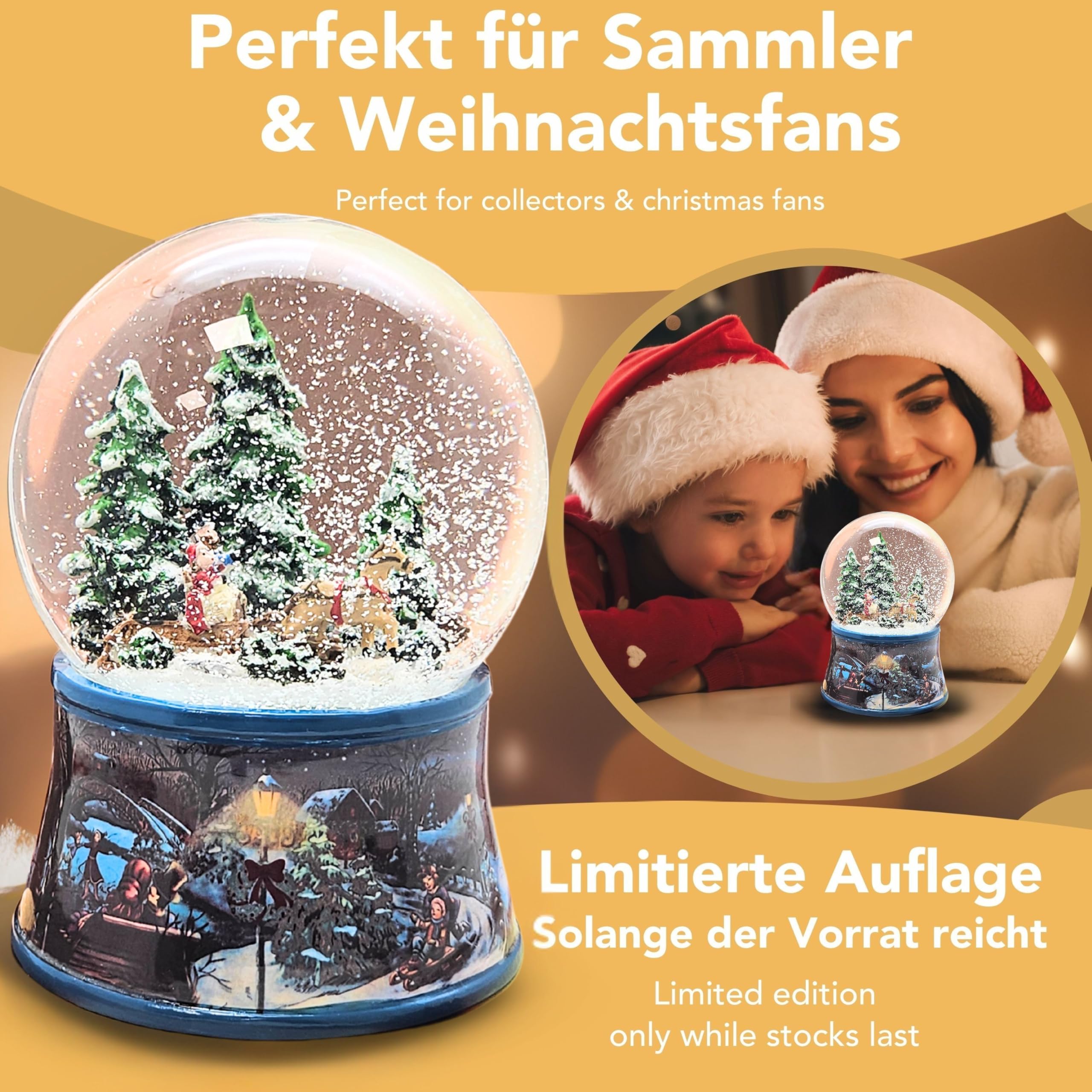 Schneekugel Schlittenfahrt mit Pferdekutsche * auf Sockel nostalgische Winterlandschaft dunkelblau Eisläufer Weihnachten Winter mit Spieluhr - 100mm breit | 20091
