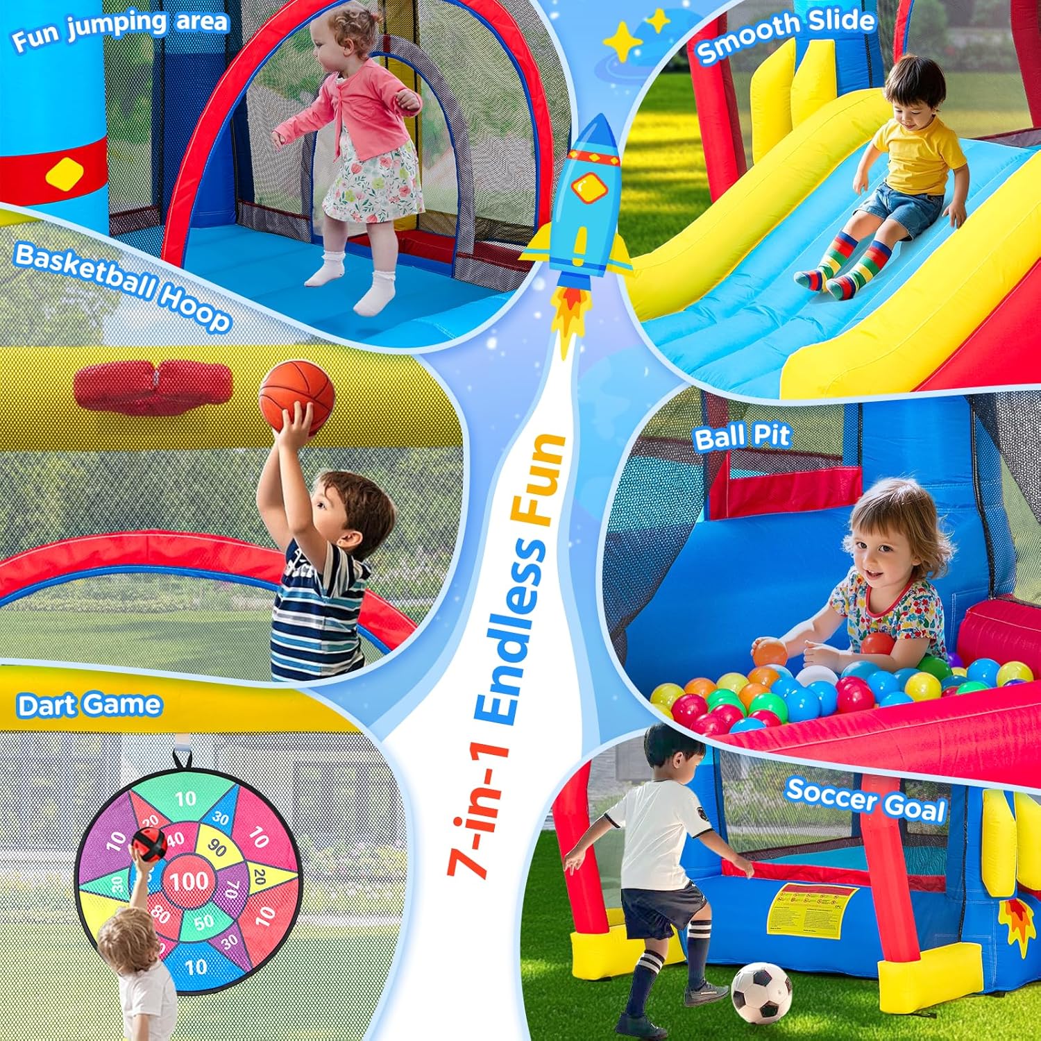 Space Adventure Bounce House for Kids 3–6, with Slide & Ball Pit & Hoop, 11.5FT × 10FT x 7FT Inflatable Bouncy Castle, 7-in-1 Jump House with 480W Blower for Indoor Outdoor Backyard Birthday Party