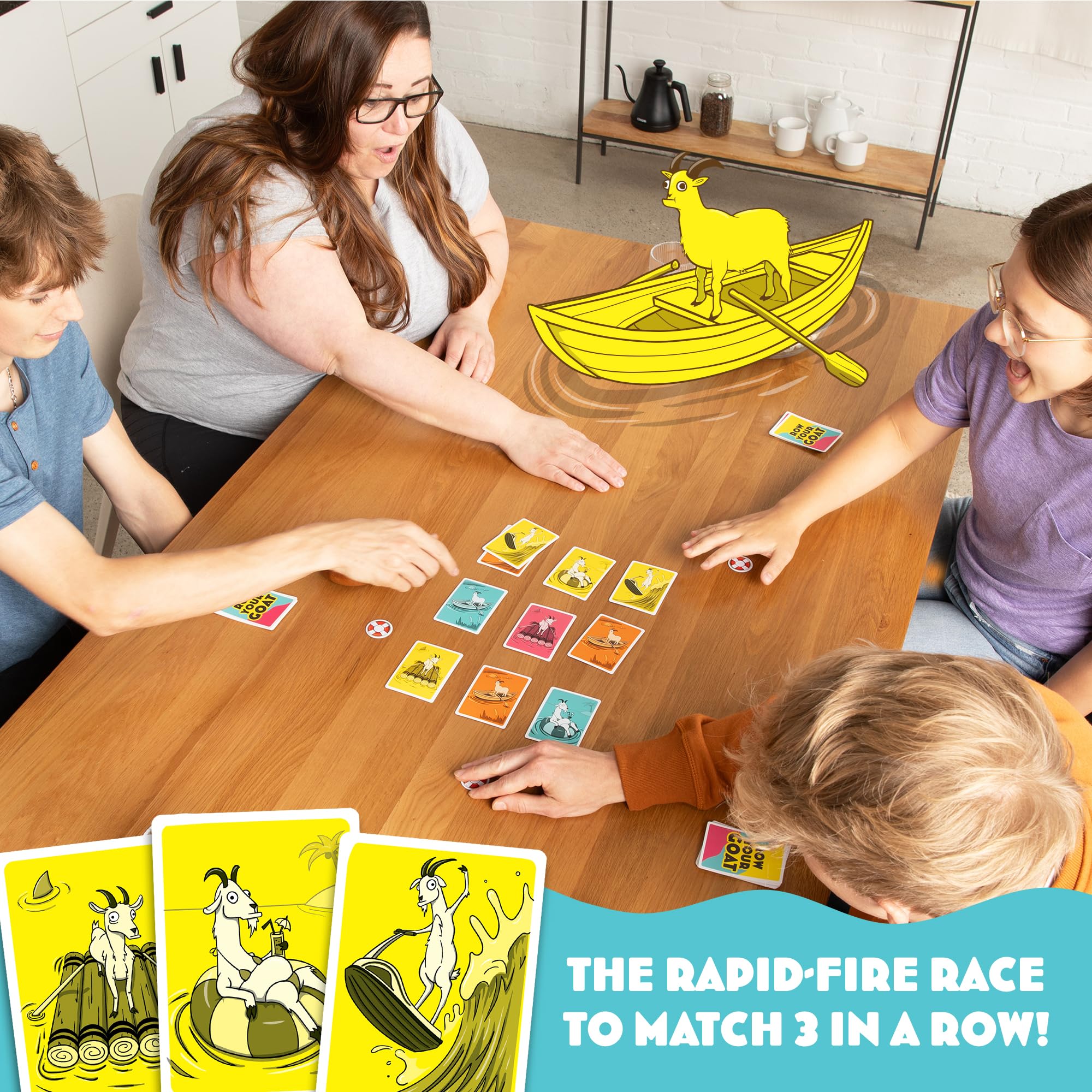Row Your Goat: By Exploding Kittens, 2-6 Players, Age 7+ Fast Card Game | Play goat cards, spot matching colors or boats, and grab a lifesaver fast. The slowest player collects the pile! Family Game