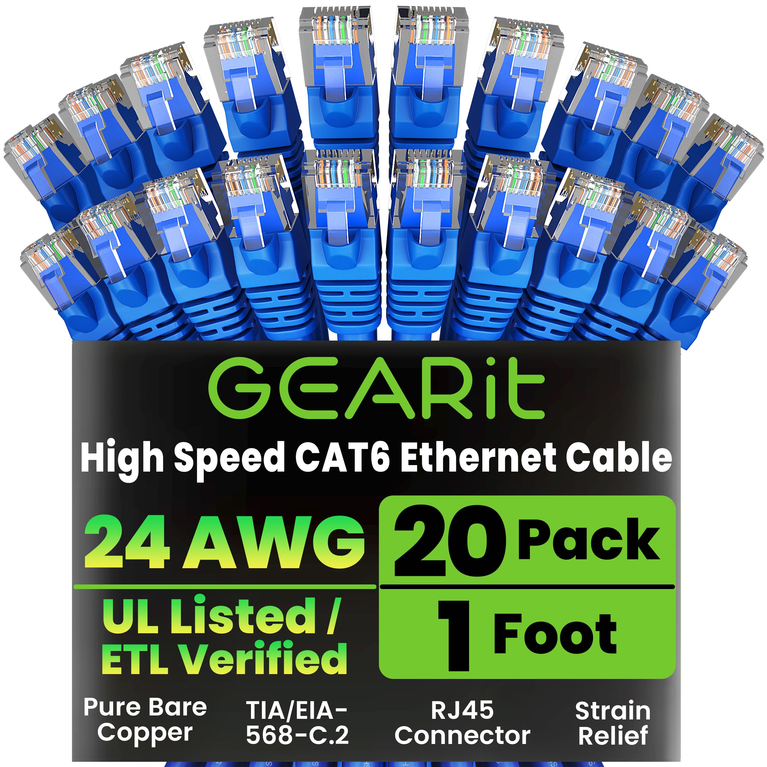 GEARit Cat 6 Ethernet Cable (10-Pack 3 Feet) Cat6 Network Patch, 10Gbps, RJ45, Snagless Cord, Gold-Plated Connectors, Internet for PC, TV, Tablet, Router, Printer, Servers, IT Data Center - Blue — view 40