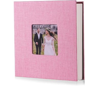 HoneyTolly Photo Album Self Adhesive Scrapbook Album for 46 Pictures DIY Magnetic Linen Cover Album 15 Sheets/30 Blank Pages for Family Wedding, Birthday, Christmas, Anniversary Pink