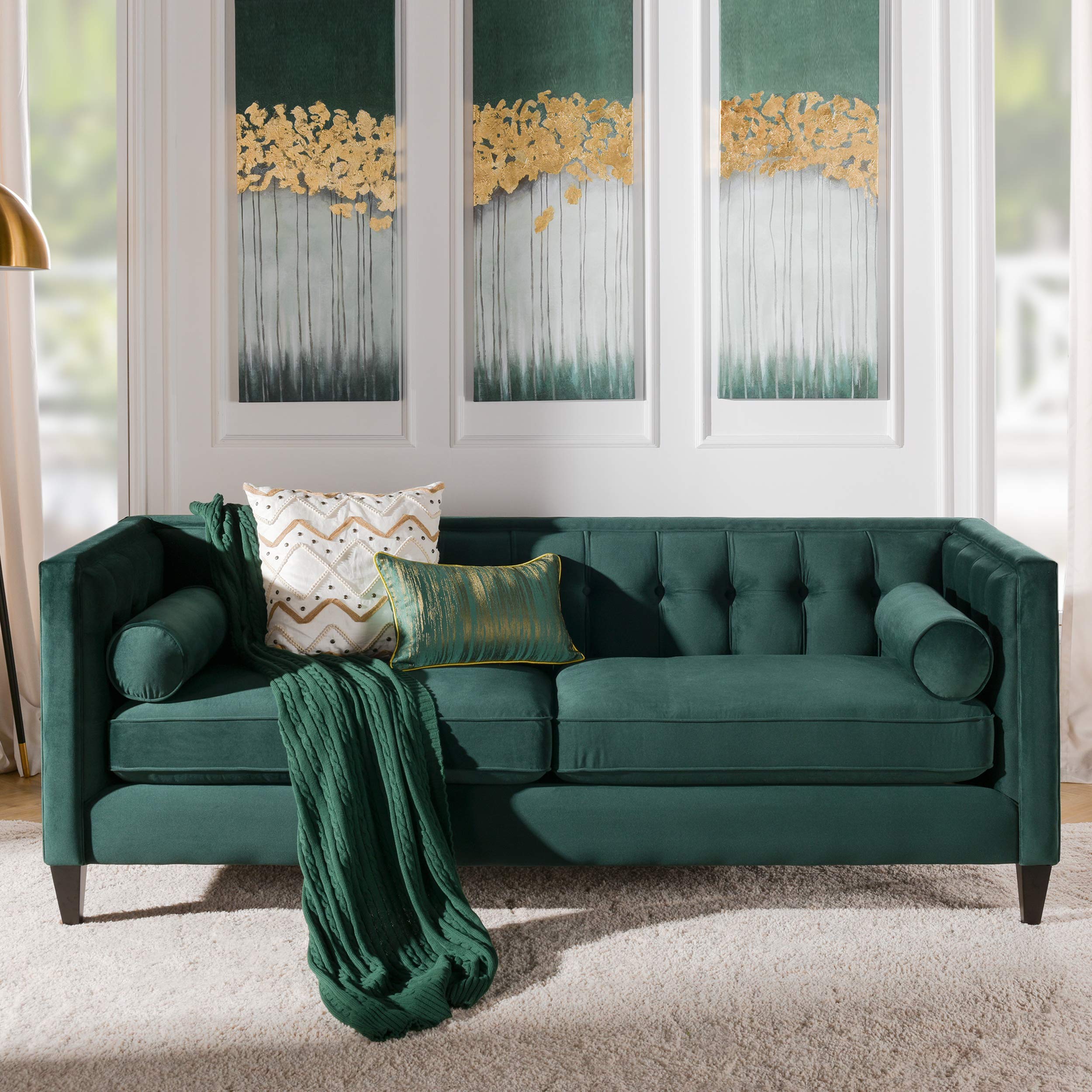 Jennifer Taylor Home Jack Collection Modern Hand Tufted Upholstered Sofa With 2 Bolster Pillows and Hand Finish Legs, Hunter Green