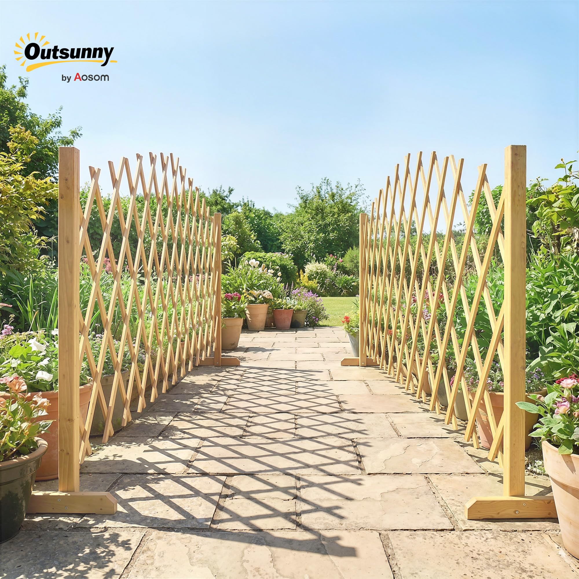 Outsunny Lot 2 Barrieres Extensibles Base Stable Clôture 180 cm Naturel | en Bois de Sapin, Clôture de Jardin, pour Balcon, Intérieur Extérieur