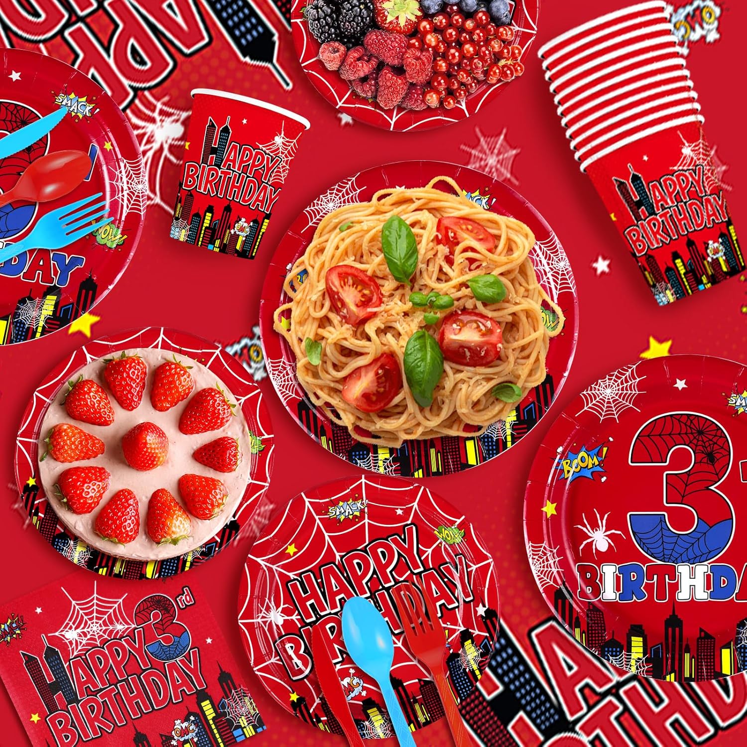 171Pcs Spider 3rd Birthday Party Decorations Super Theme Hero 3rd Birthday Tableware Serves 24 Includes Plates Napkins Cups Tablecloth Banner Forks Spoons Knives for Kids 3 Year Old Party Supplies