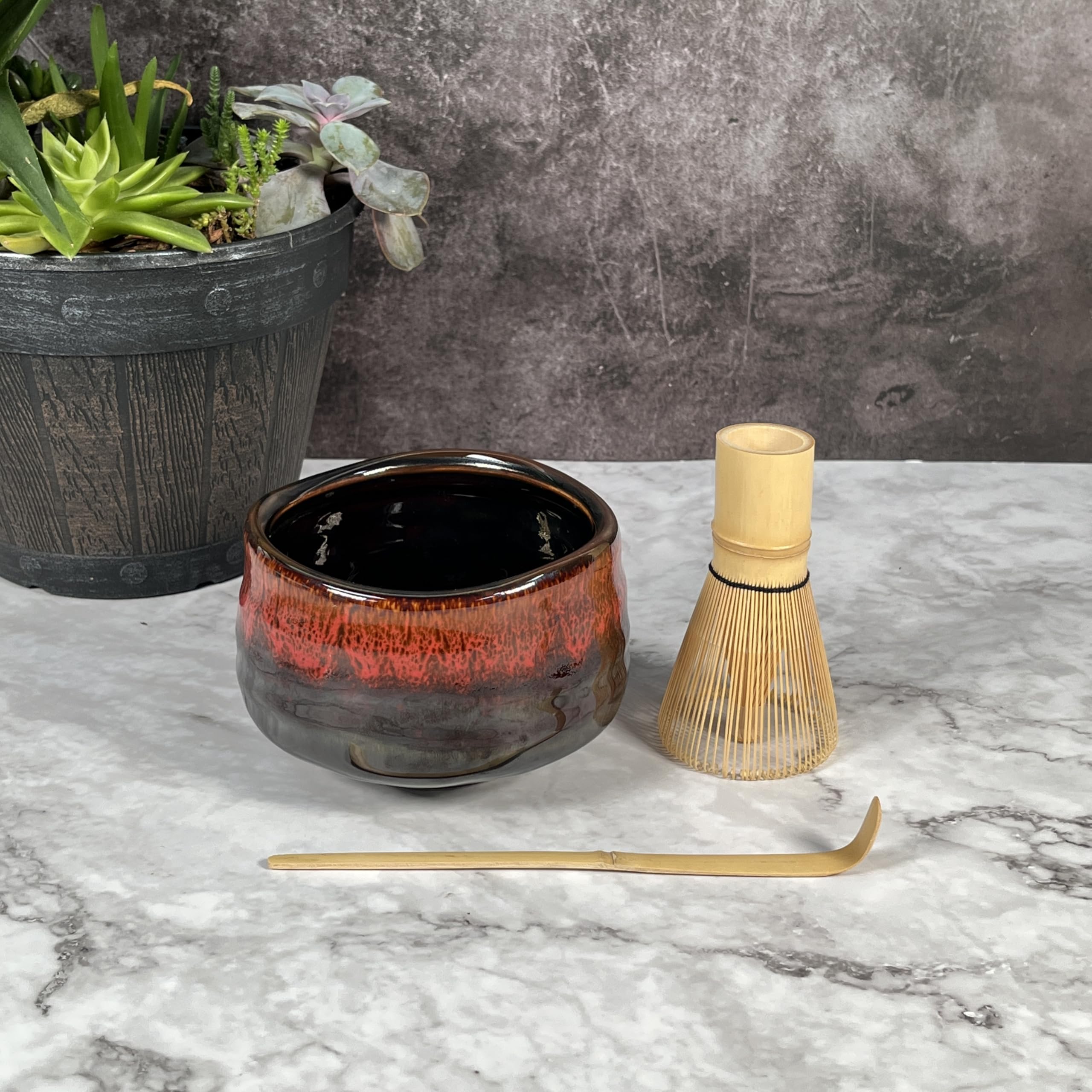 Tea Bowl Shop Red Ceramic Matcha Whisk Set, Includes Matcha Bowl, Matcha Whisk, Bamboo Scoop, 3 Pcs Matcha Kit for Matcha Lovers, Made of Ceramic