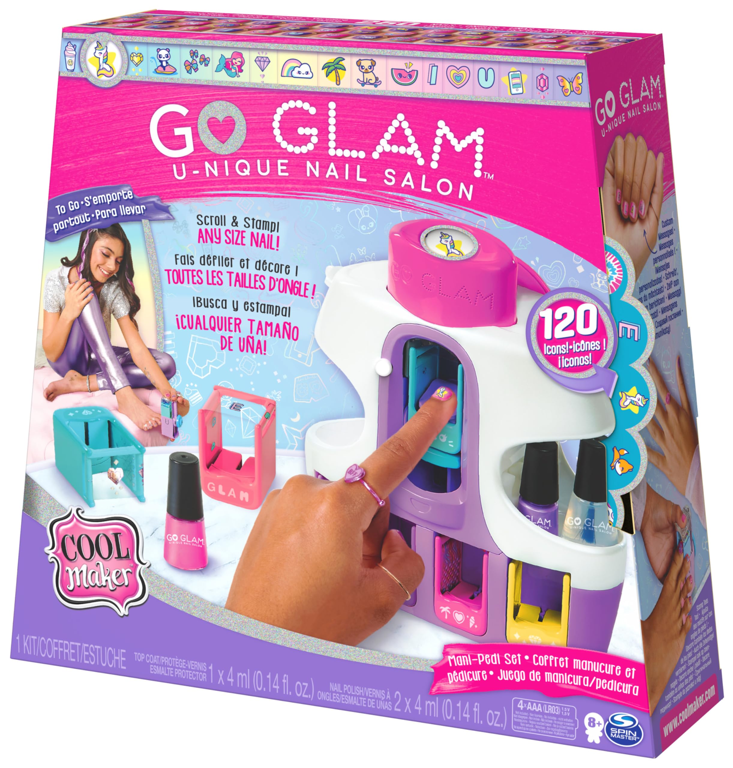 Cool Maker GO GLAM Macchina Decora Unghie| Kit unghie bambina | 5 cartucce con 120 decorazioni | 3 smalti per bambina e ventolina | Giocattolo per bambine da 8 anni