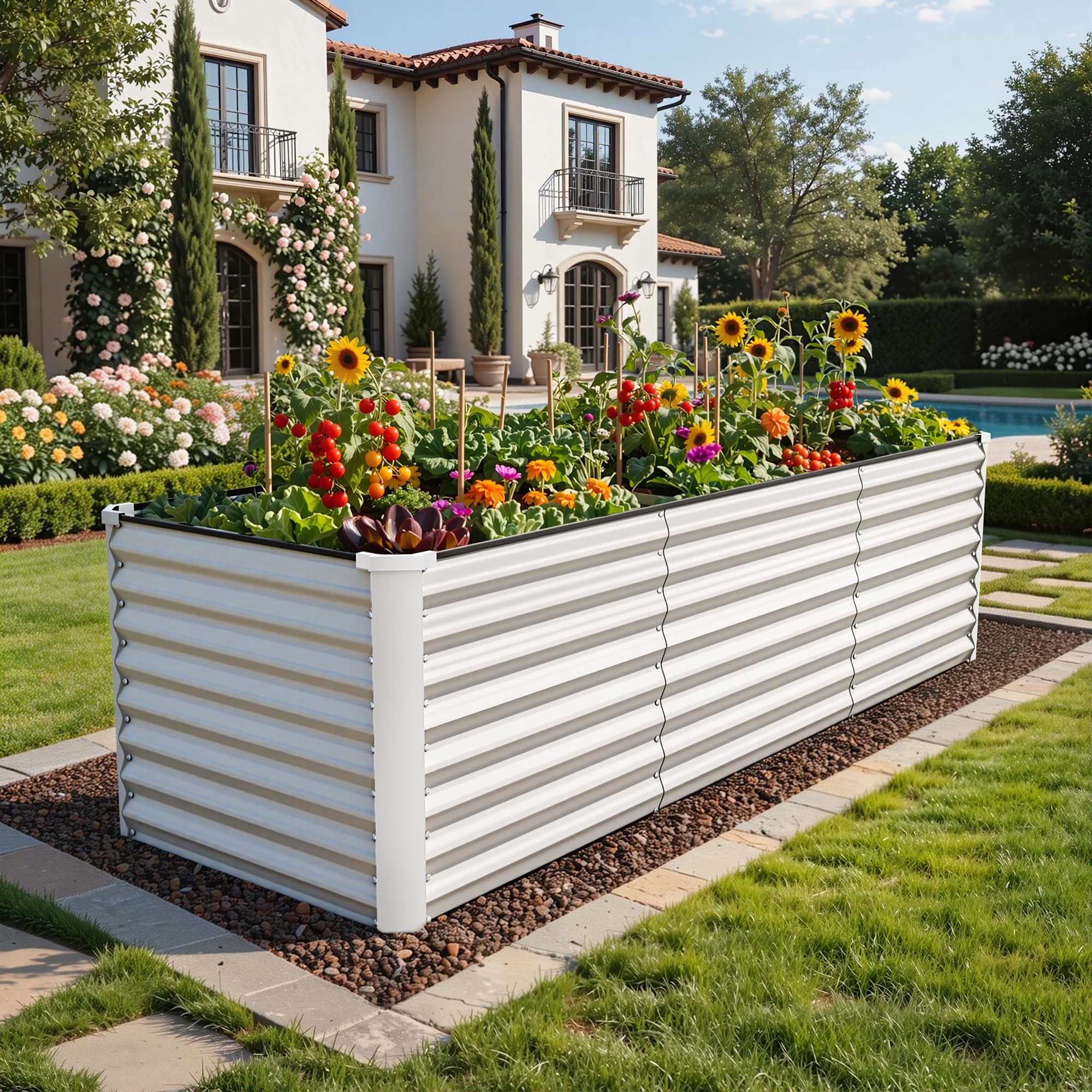 YITAHOME Outdoor Hochbeet Metall 240 * 90 * 70cm,Hochbeet verzinktem Stahlblech,Pflanzkübel für den Außenbereich mit Sicherheitsrand für den Garten, mit Stützstange Handschuhen für Gemüse(Argent)