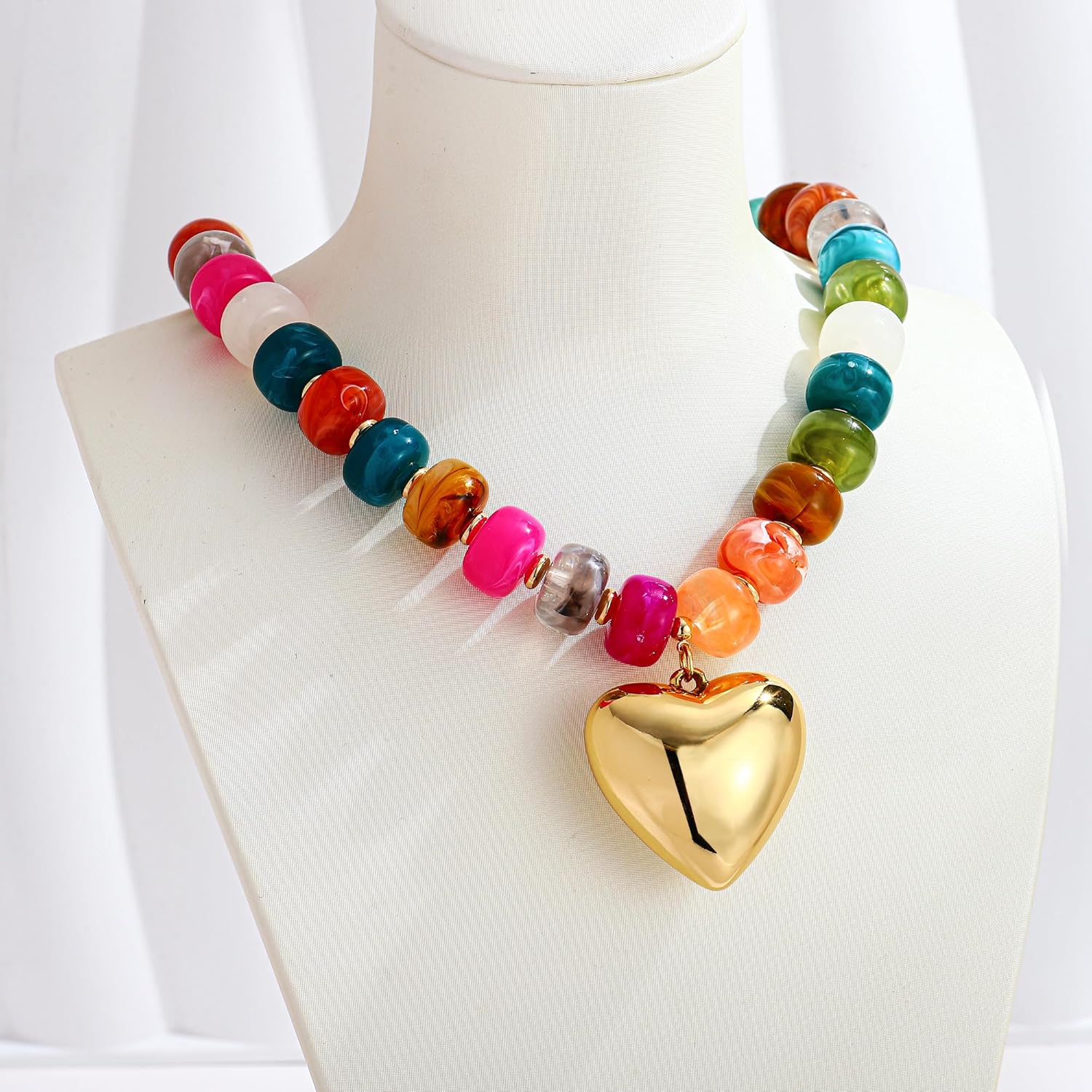 WOWORAMA Chunky Heart Necklaces for Women Colorful Resin Beaded Choker Necklace Gold Puffy Heart Statement Necklace Trendy Acrylic Choker Jewelry - Image 2