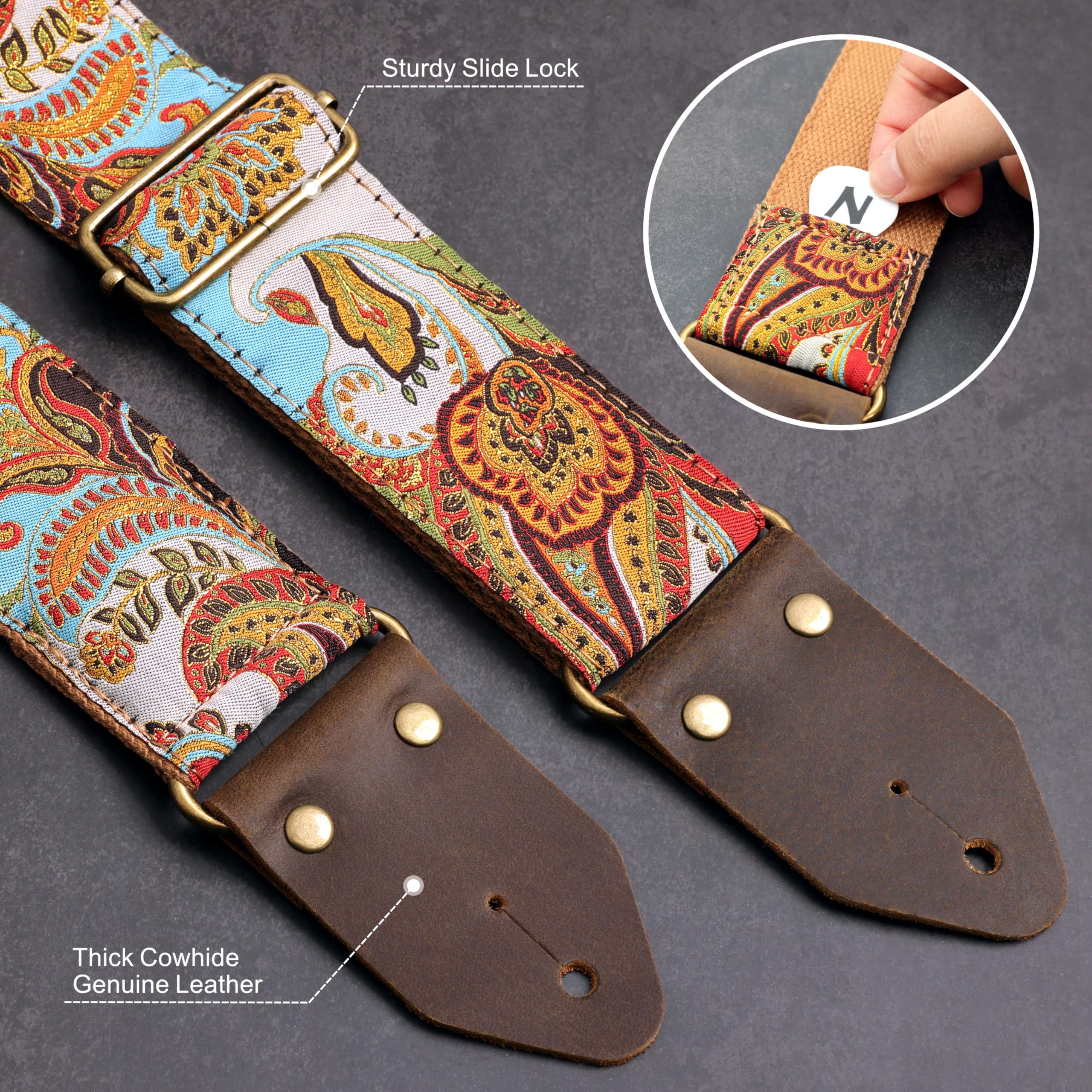 Nefelibata Guitar Strap,Crazy Horse Leather Jacquard Embroidery Cotton Guitar Straps for Bass Electric & Acoustic - Image 3
