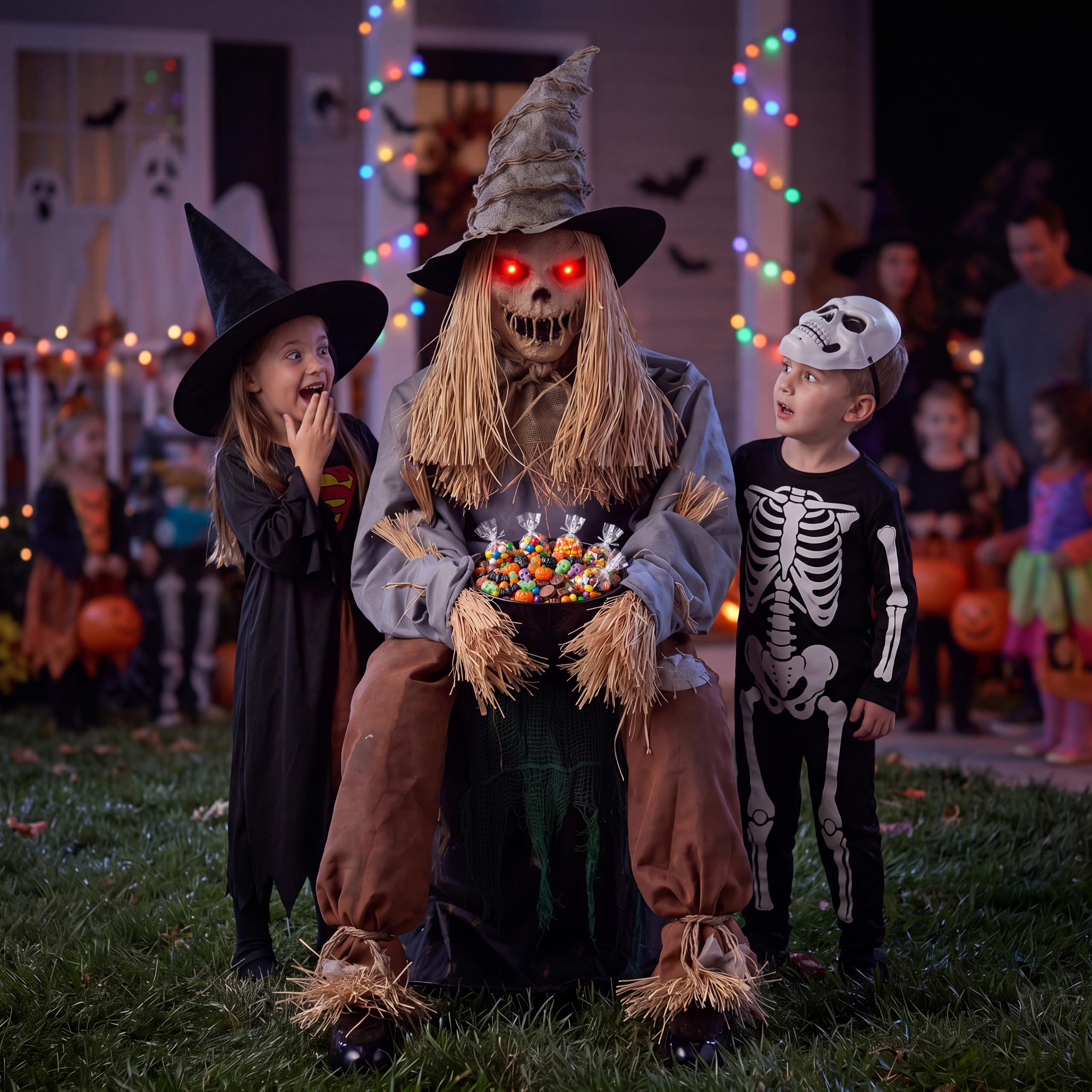 Joyin Brown 49" Halloween Animatronic Sitting Scarecrow, Halloween Decorations Outdoor Sound Activated Jump Scare Prop With Led Eyes, Spooky Sounds, Scary Haunted House Props For Garden Yard Lawn
