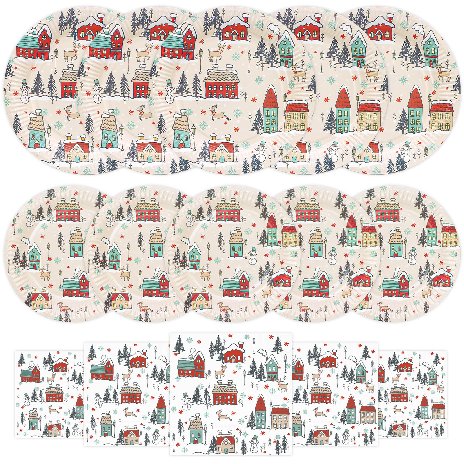YY 150 Christmas Paper Plates and Napkins Set 9in Dinner Plates, 13in Disposable Paper Napkins, 7in Dessert Plates Christmas Village Dinnerware Party Supplies
