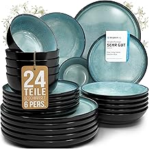 Pure Living Ibiza Stoneware Crockery Set for 6 People, 24-Piece Mediterranean Stoneware Tableware Set, ‘Very Good’ in Test, Bowl and Plate Set, Dinner Service for 6 People, Petrol