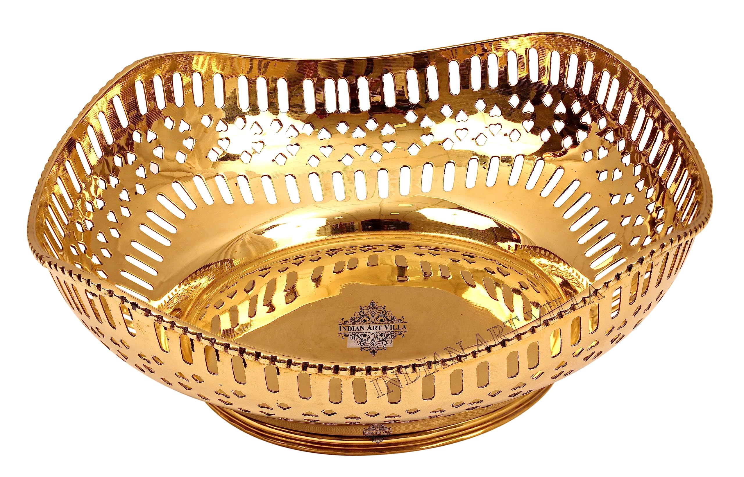 Indian Art Villa Big Brass Designer Handmade Fruit Bowl Basket, Centerpiece, Tableware Width- 8.6 Inches