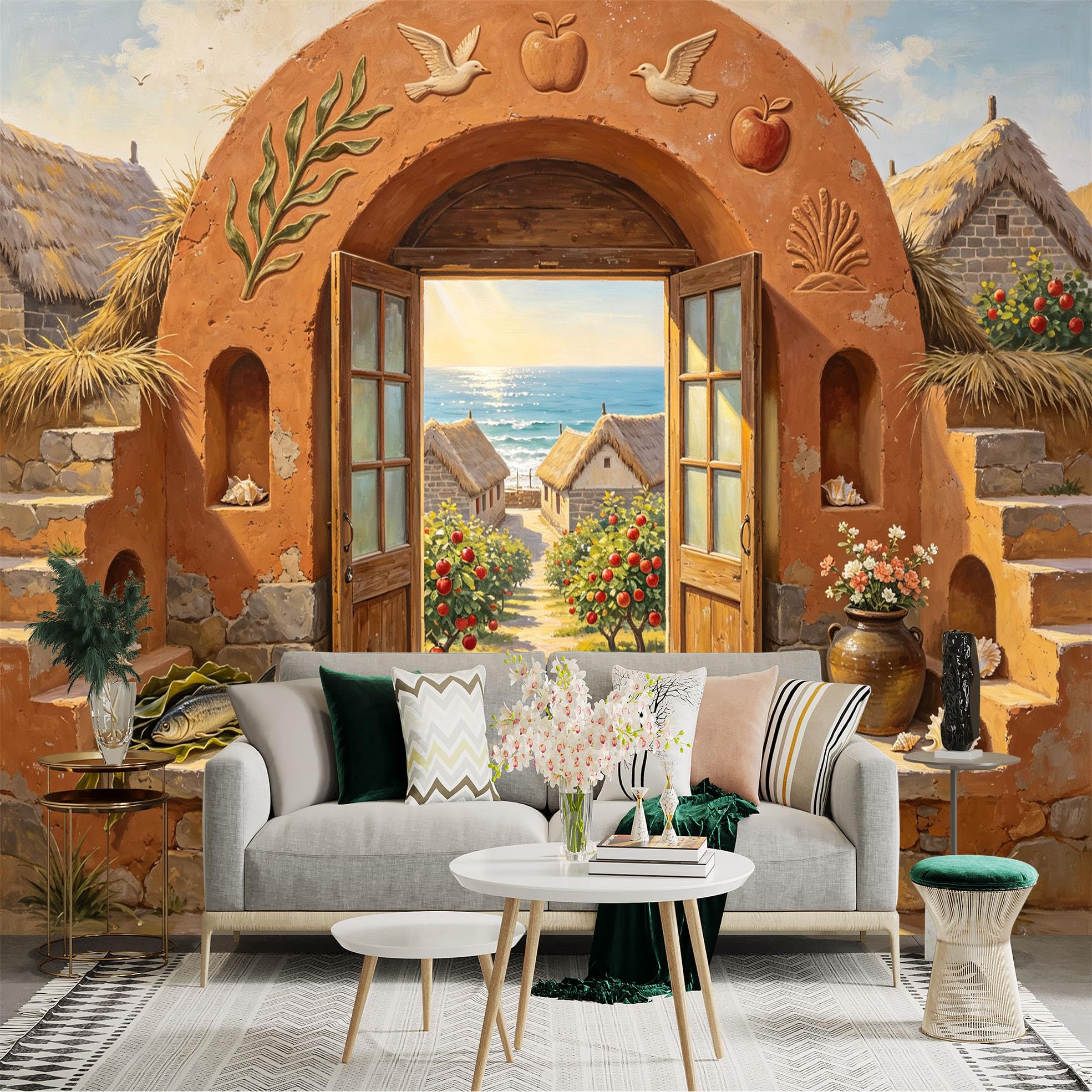 Custom Size Wall Sticker Mural， Rustic Coastal Village， Ocean View Cottage， Open Wooden Doorway， Mediterranean Seaside Scene， for wall Decoration， peelandstick wall Decals.