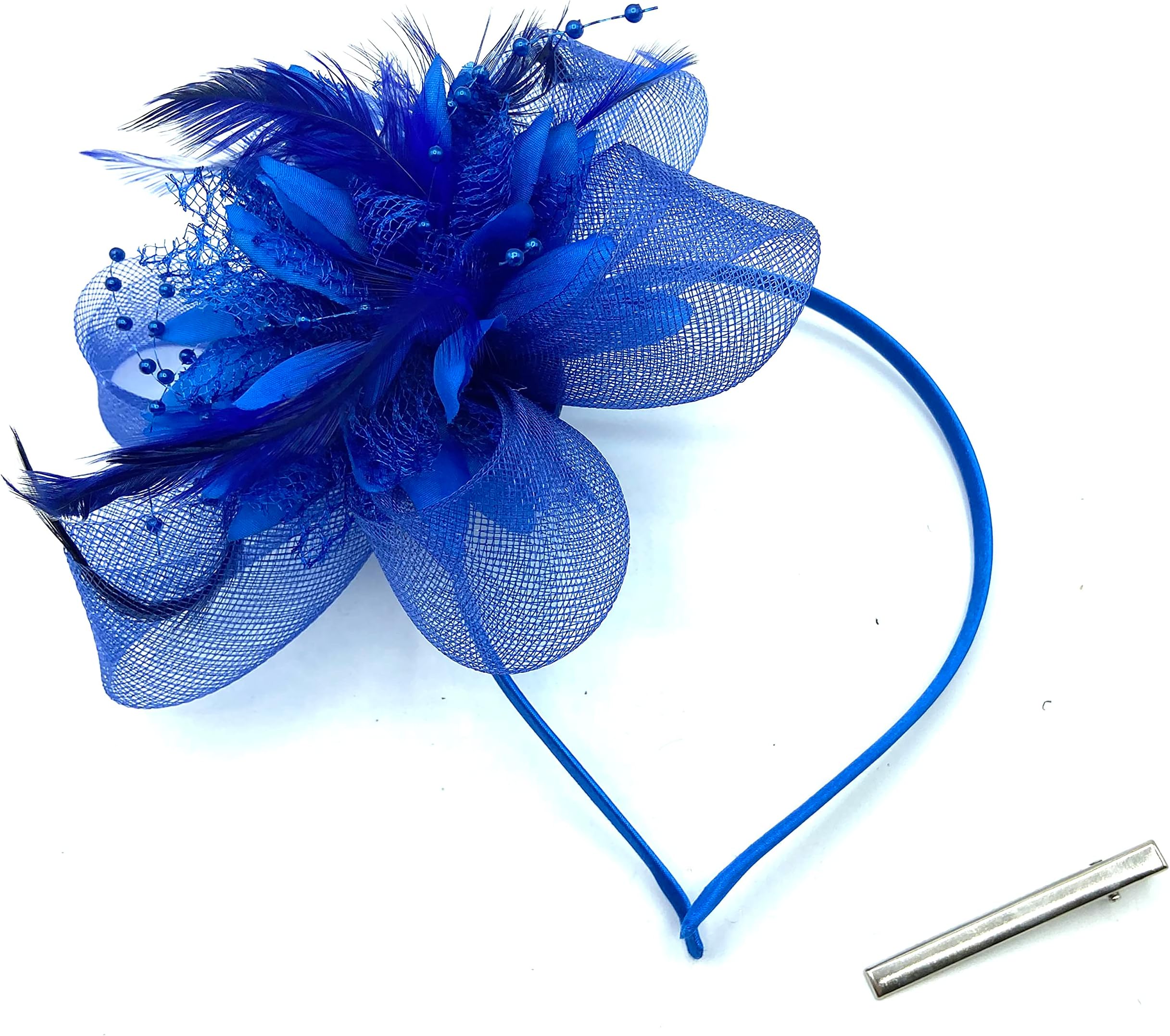 Ladies Beaded Feather Fascinator Clip/Headband Weddings, Races, Royal Ascot (Royal Blue)