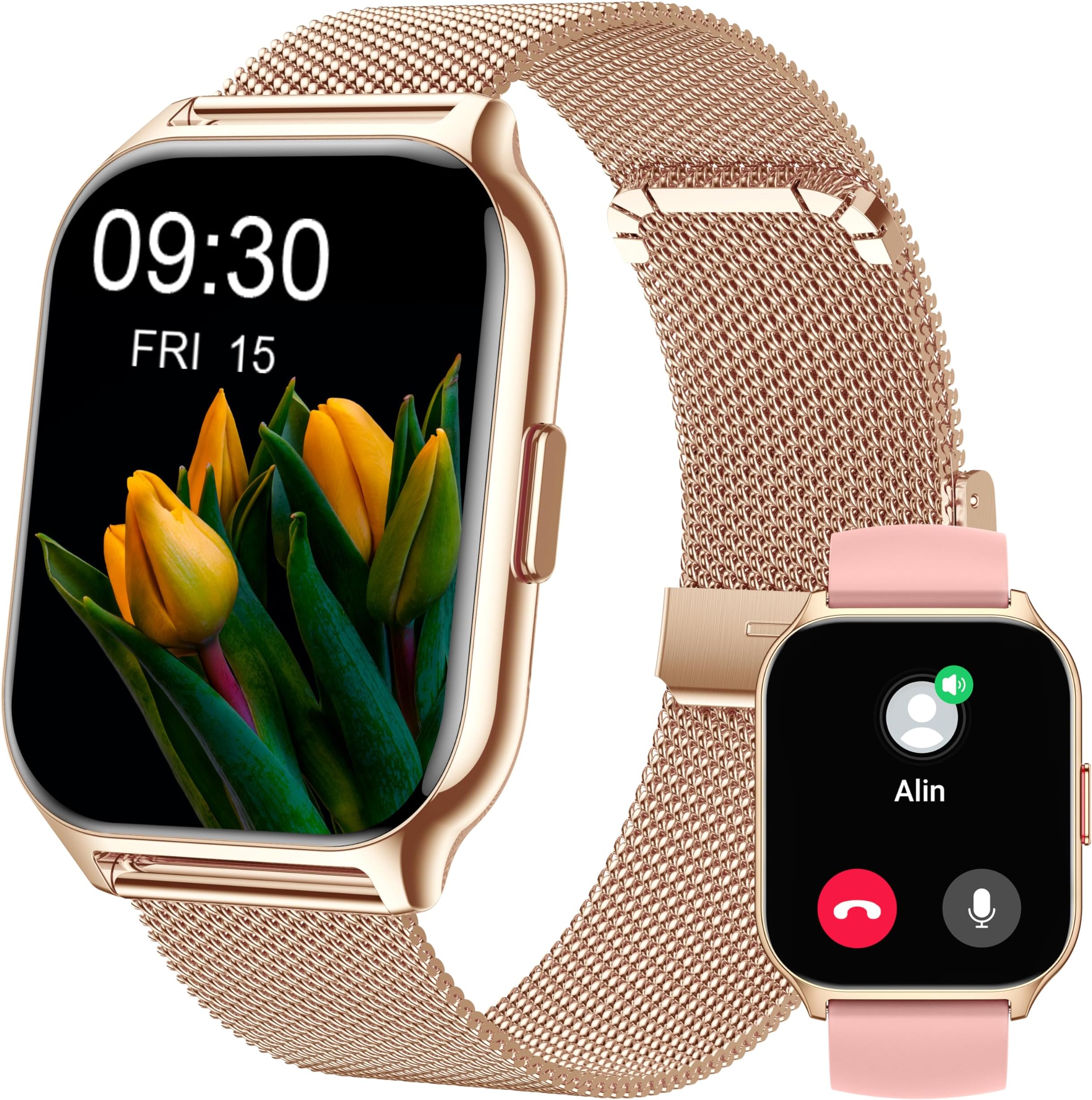 Smart Watch, 1.43" AMOLED Smartwatch Men Answer/Make Call, Fitness Watch Connected GPS, 110+ Sports, Blood Pressure, Heart Rate, Stress Monitor Sports Watch for Android or iOS (Rose Gold +Pink)