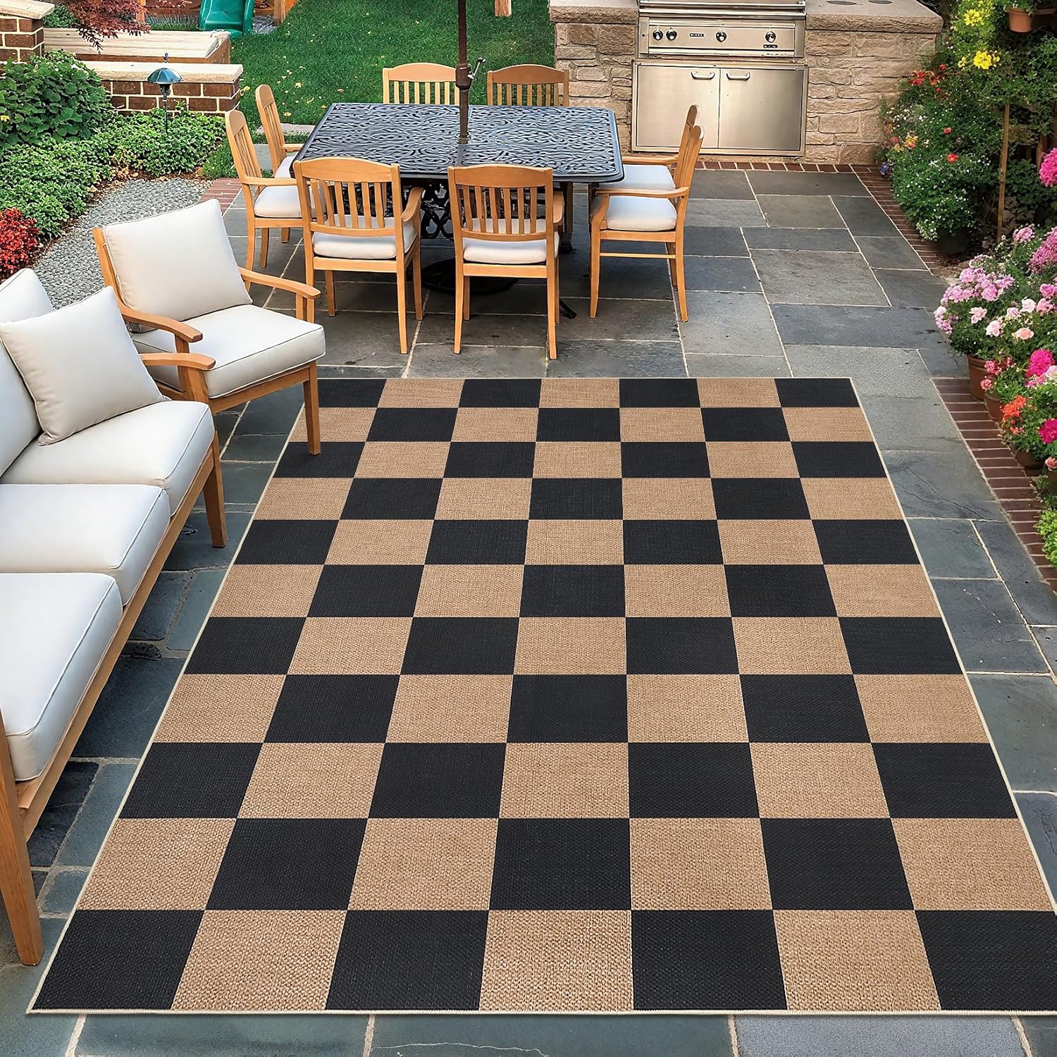 Garvee Washable Checkered Rug, 6x9 Area Rugs for Living Room, Stain Resiatant Easy Jute Rug for Bedroom, Patio, Dining Room, Office, Washable Rugs Modern Farmhouse Area Rug, Black and Brown