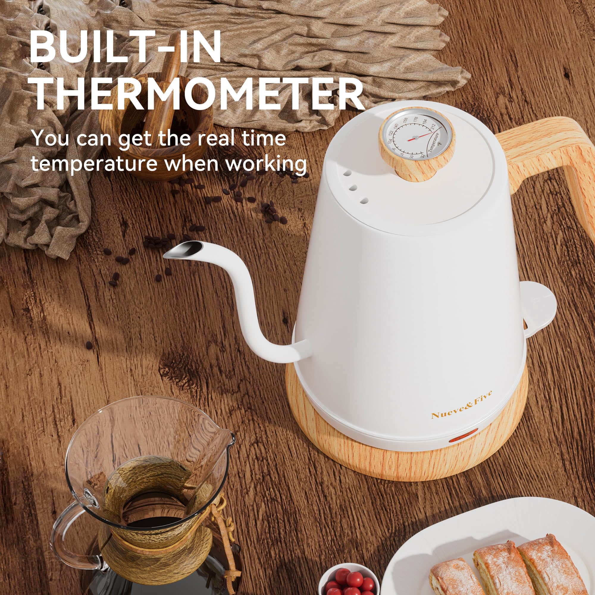 Nueve&Five - Bouilloire électrique col de cygne avec thermomètre, bouilloire électrique de 1 L avec arrêt automatique, bouilloire d'eau chaude en acier inoxydable de 1000 W pour café et thé, couleur