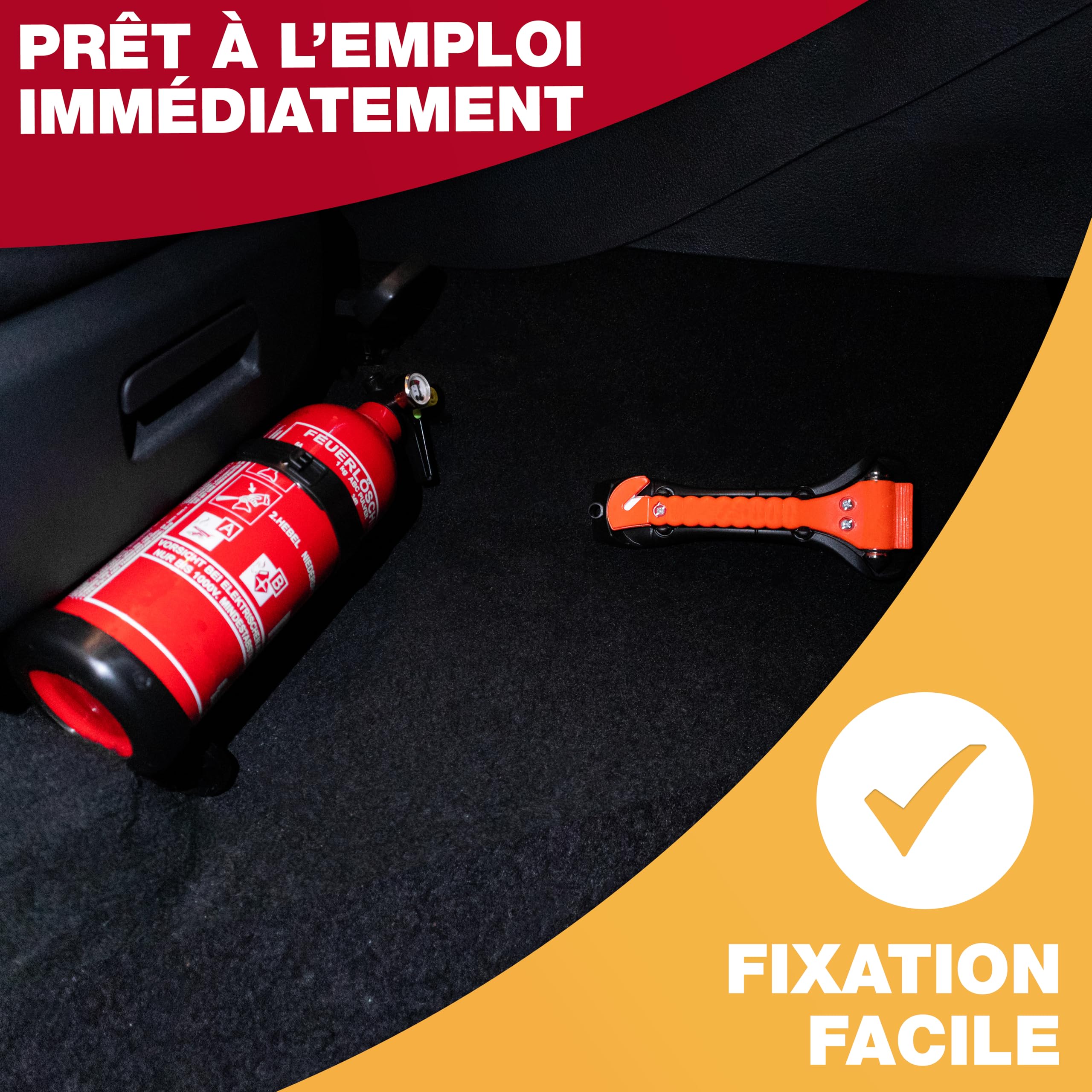 Extincteur pour voiture 1kg + Marteau d'urgence avec coupe-ceinture [CARTE D'URGENCE INCLUSE] - Contrôle qualité strict - Marteau de secours, Extincteur pour voiture, véhicule, petit