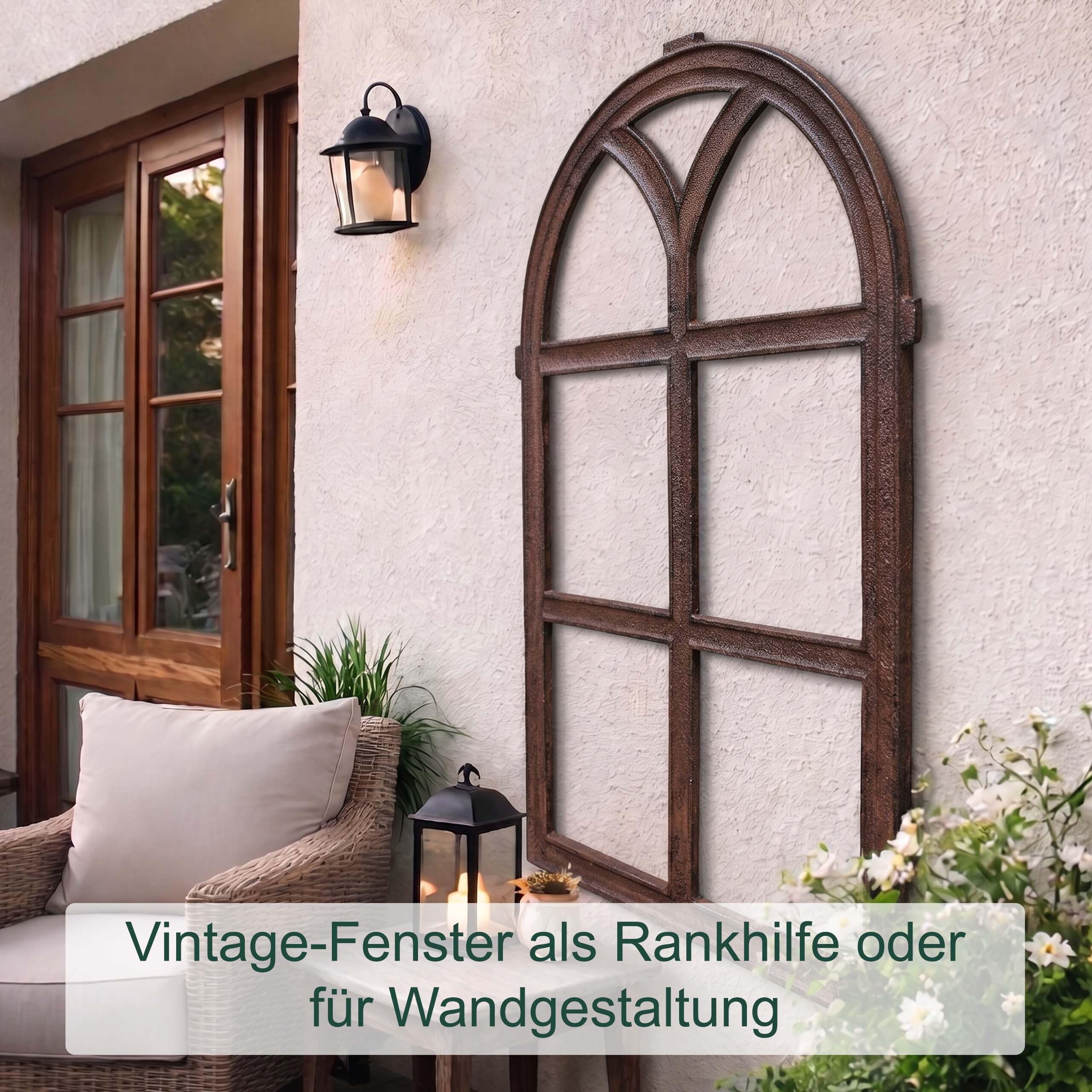 Relaxdays Stallfenster Gusseisen, Vintage Fensterrahmen, Wanddeko & rustikale Rankhilfe, HB: 68 x 44 cm, antik, braun