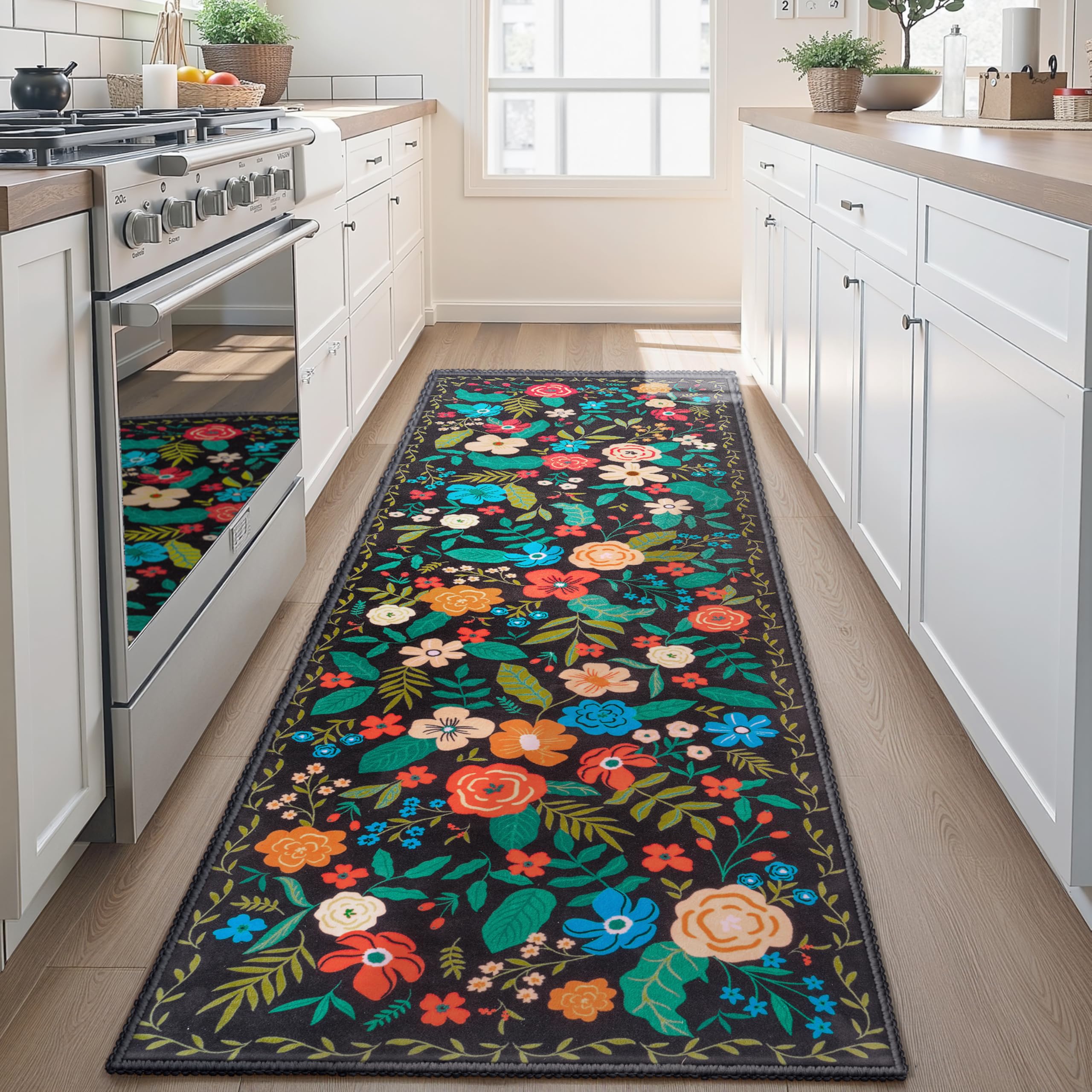 Joiedomi Hallway Runner Rug Washable 2'6''x8' Non Slip Kitchen Rug with Rubber Backing Soft Boho Floral Floor Carpet Runners for Entryway Laundry