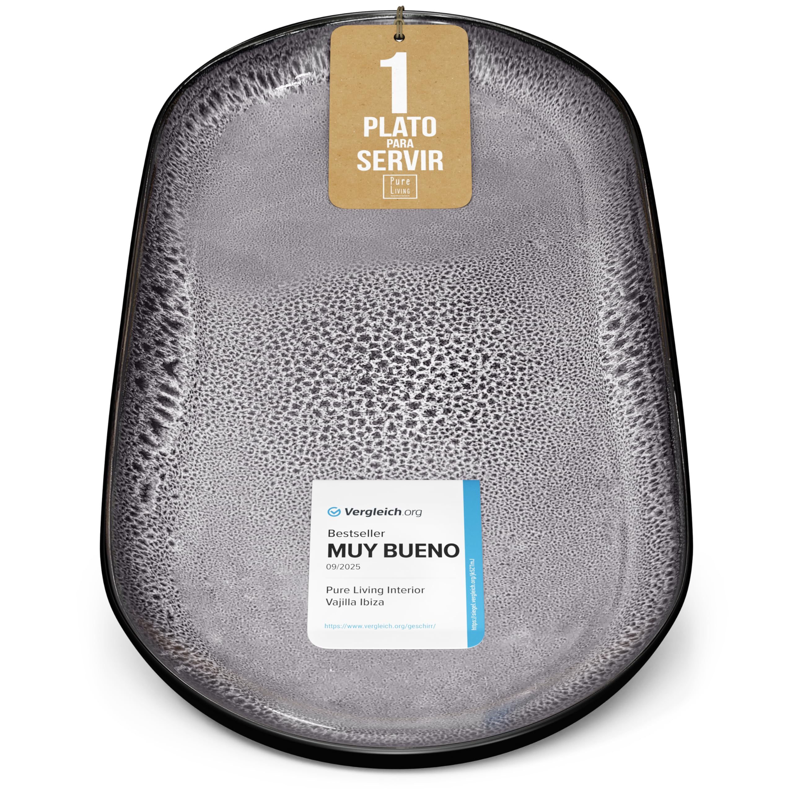 Plato de servicio Ibiza en gres - Gran plato para servir - Estilo mediterráneo - Apto para lavavajillas y microondas - Plato ovalado de Pure Living en Gris