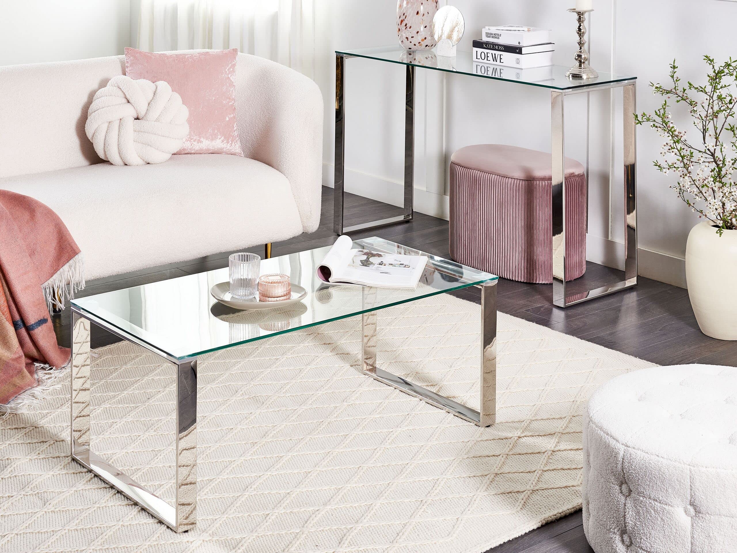 Beliani Moderner Couchtisch mit Edelstahlgestell Glasplatte Silber Tilon