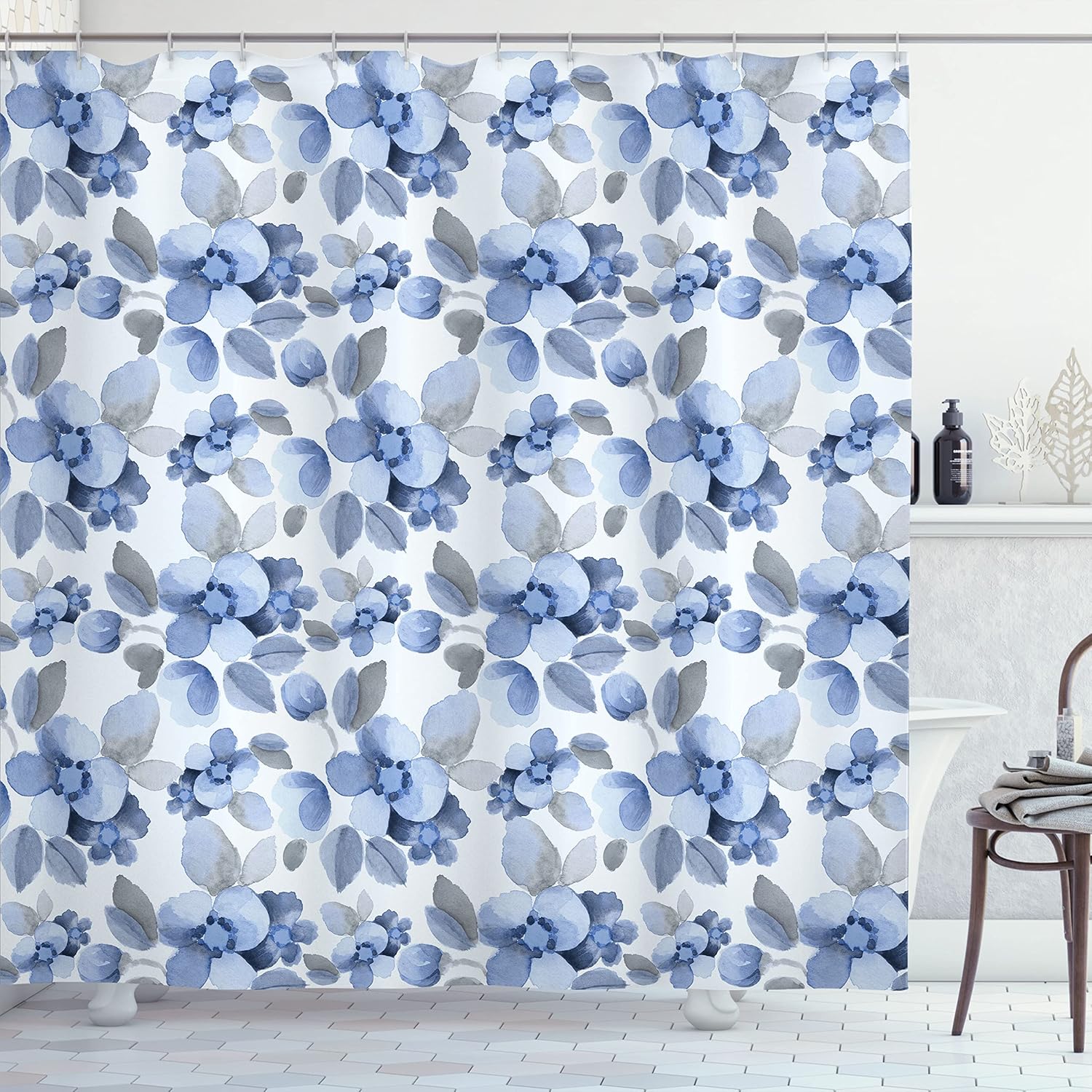 Ambesonne Shabby Flora Shower Curtain, Watercolor Paintbrush Camellia Petals Perennial Romance Sprout Feminine Print, Cloth Fabric Bathroom Decor Set with Hooks, 69" W x 84" L, Blue