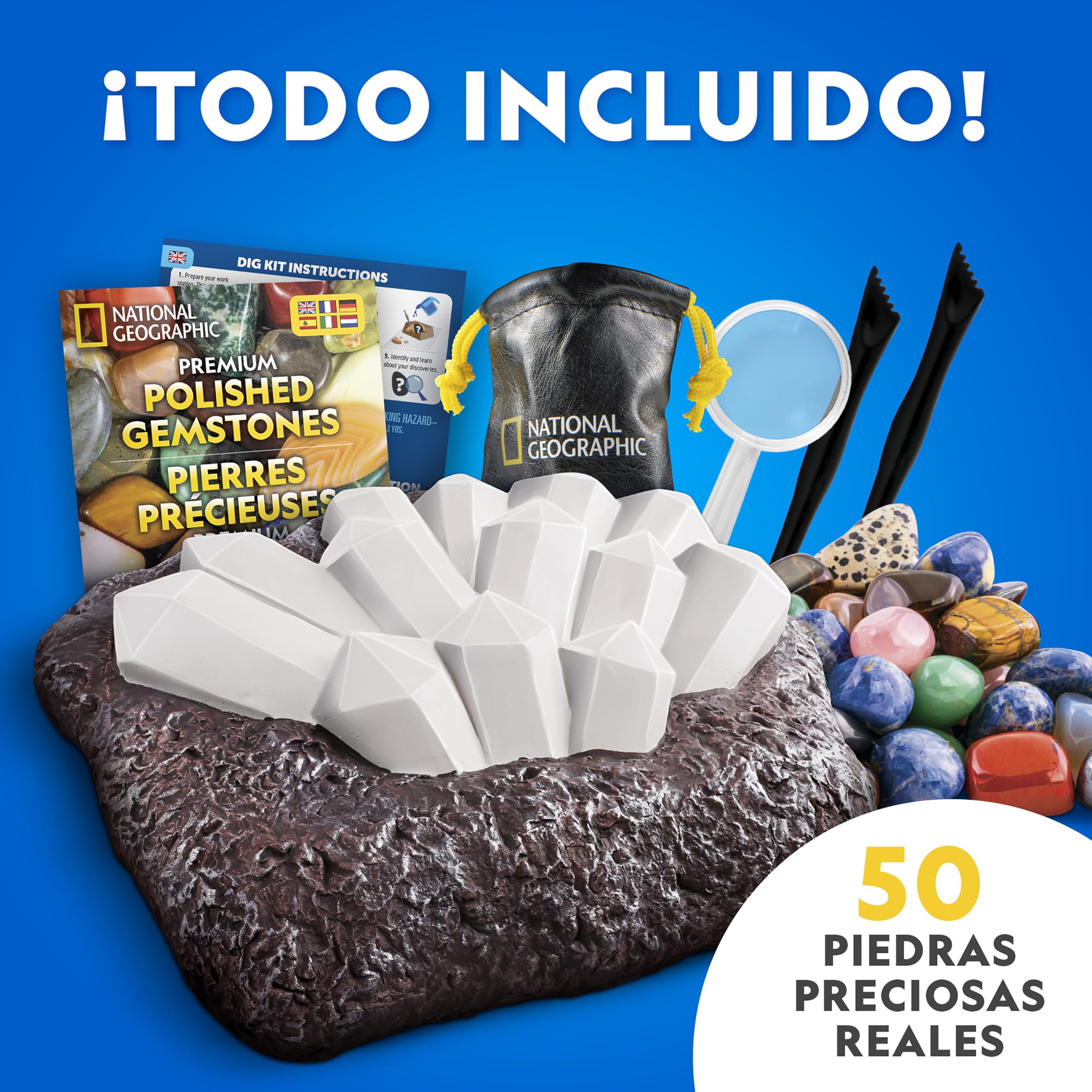 National Geographic Gran Kit de Excavación de Gemas – Extrae 50 Gemas Reales, Juego de Geología para Niños con Ladrillo Gigante, Herramientas, Guía Educativa y Hoja de Identificación