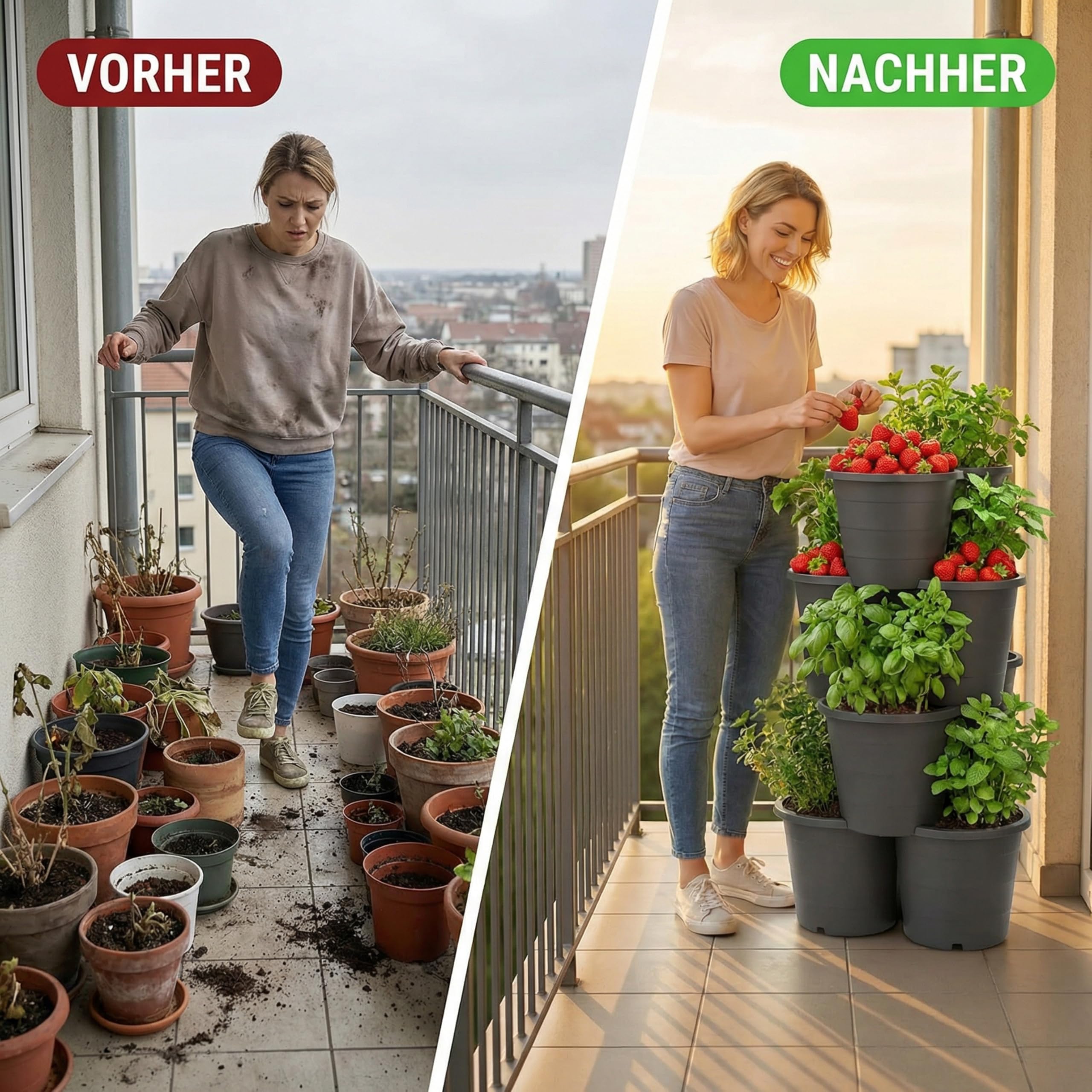 Pflanzturm 4er Set stapelbar – Vertikales Hochbeet System für Balkon & Terrasse – Bestens geeignet als Erdbeerturm, Kartoffelturm & Kräuterturm – Platzsparend, wetterfest, Hergestellt in der EU