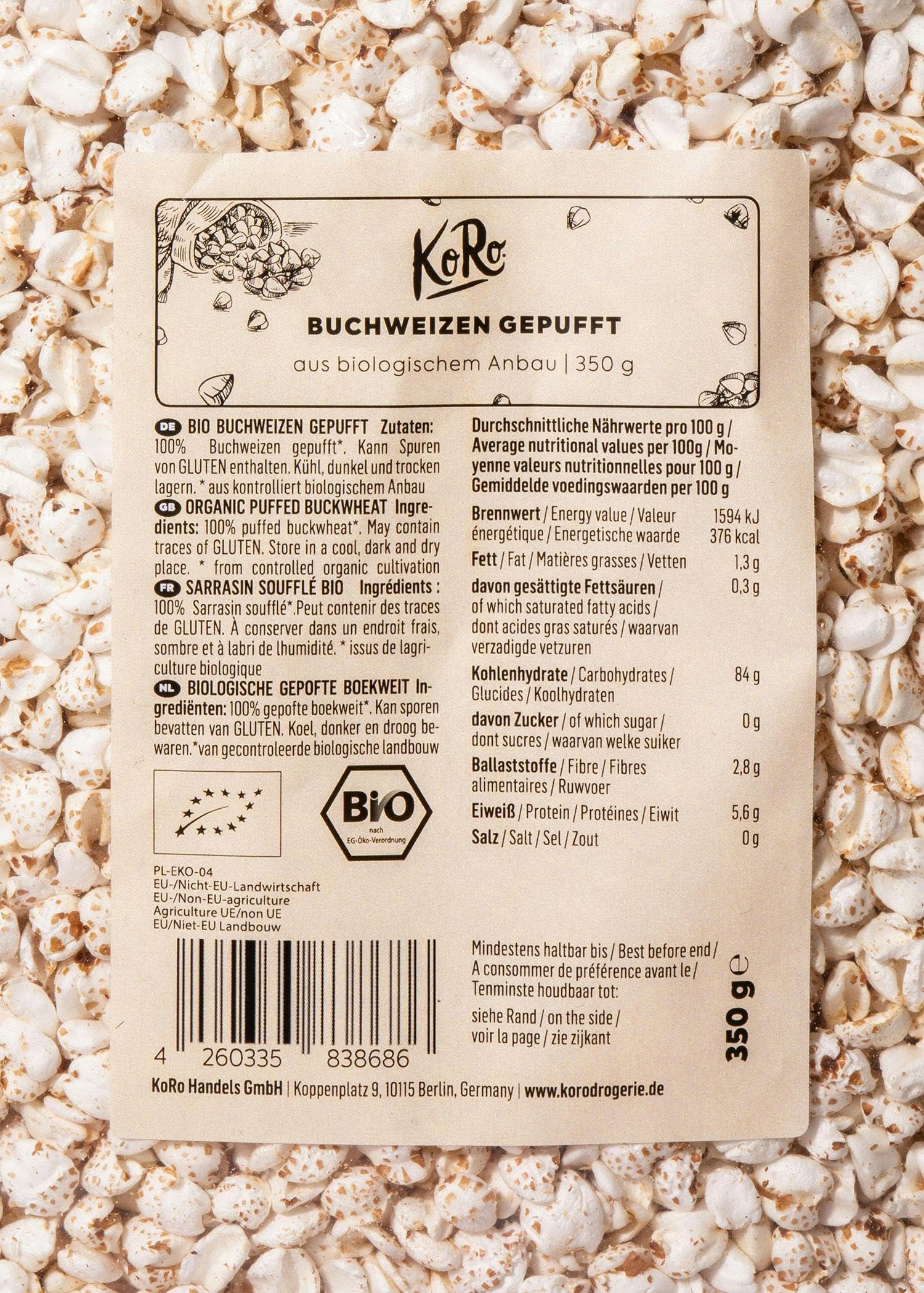 KoRo - Grano saraceno soffiato bio 6 x 350 g - Bio e vegan - Cereali da colazione - Nel latte o nello yogurt