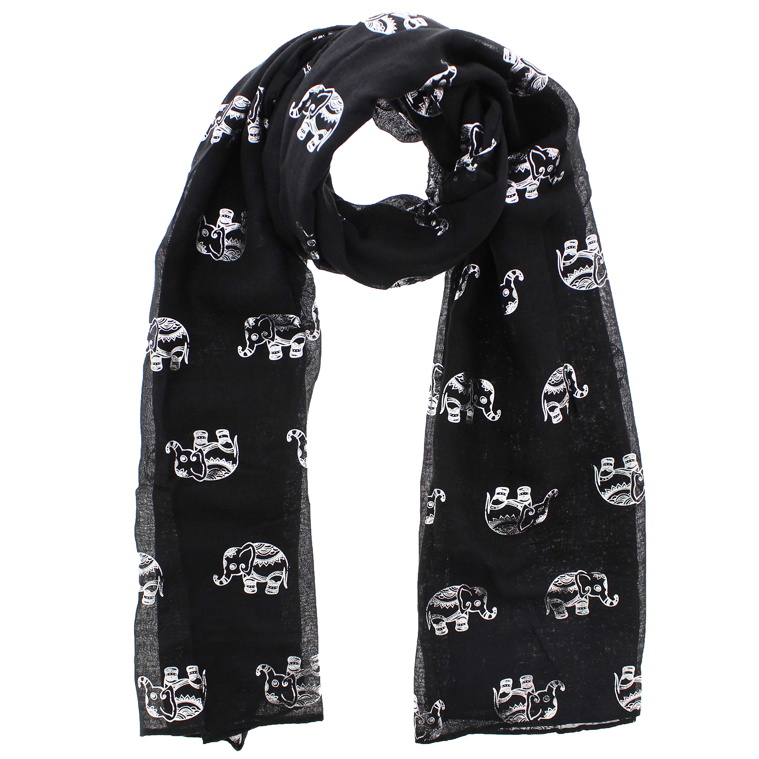 Zac's Alter Ego Women's Black Scarf With Silver Foil Metallic Glitter Elephant Print