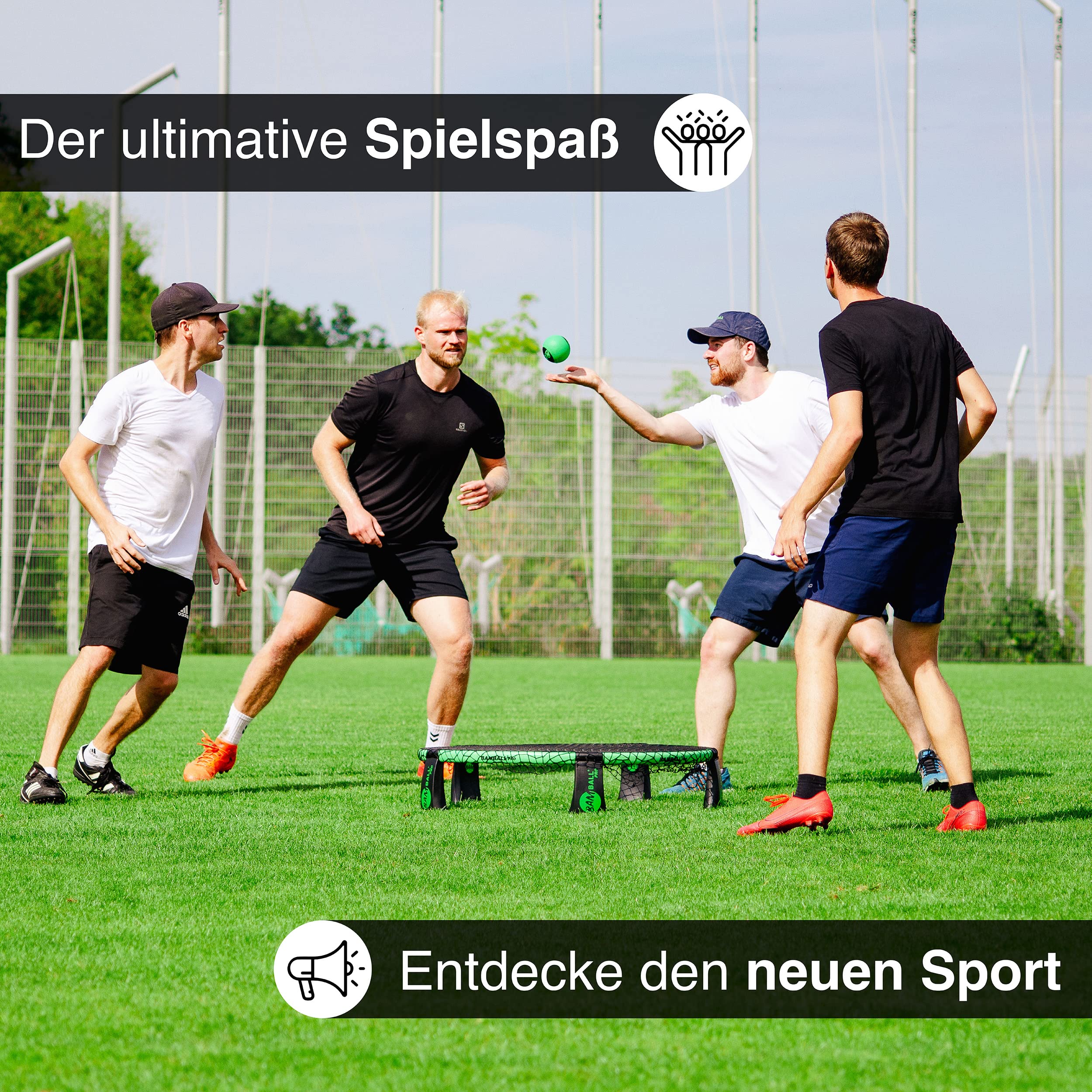 Roundnet Pro Set (Turnier Edition) – mit 3 neu entwickelten Bällen, wasserdichter Rucksack, verbessertes Netz, verstärkte Rahmenteile & Ballpumpe