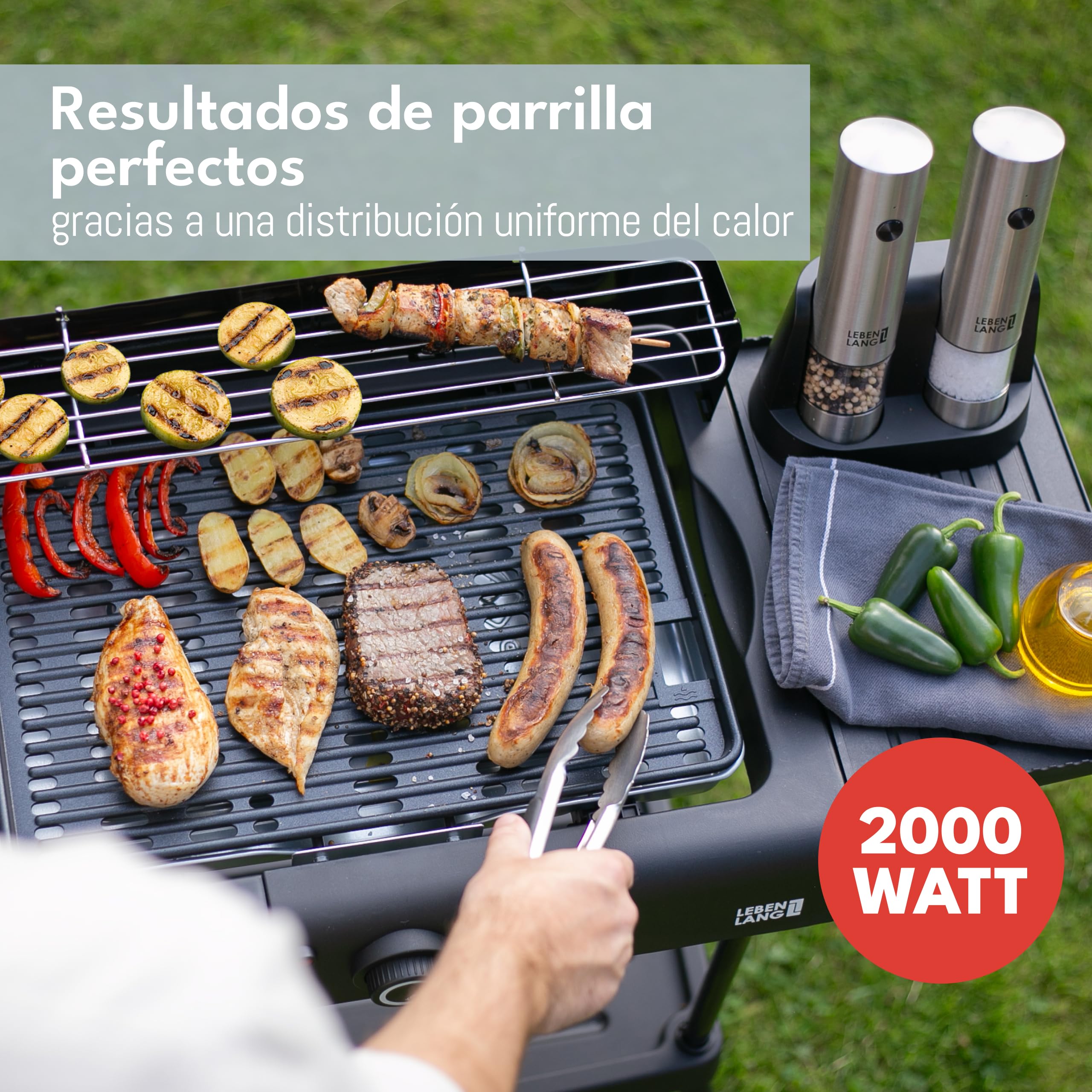 LEBENLANG Parrilla barbacoa electrica 2en1 - Incl. soporte & pinzas para parrilla I Grill electrico Parrillas para barbacoas I Grelhador eléctrica Plancha barbecue I Asador de carne Churrasqueira