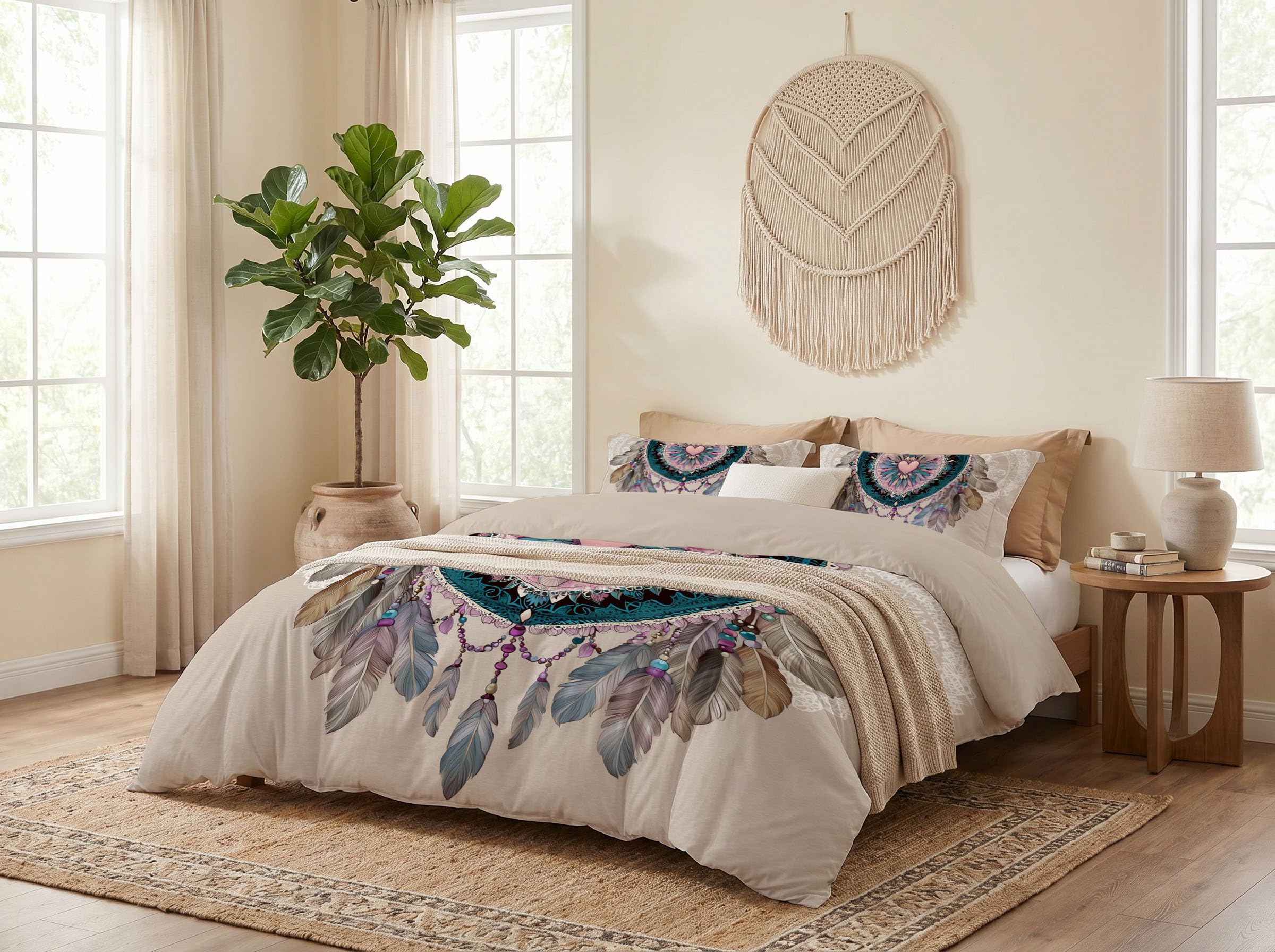 Wendebettwäsche 240X220 Beige Bohemianischer Traumfänger Schlafzimmer Bettwäsche 3Tlg, Retro-Federn Bettbezug Und 2 Kissenbezug, Weiche Mikrofaser Deckenbezug Mit Reißverschluss