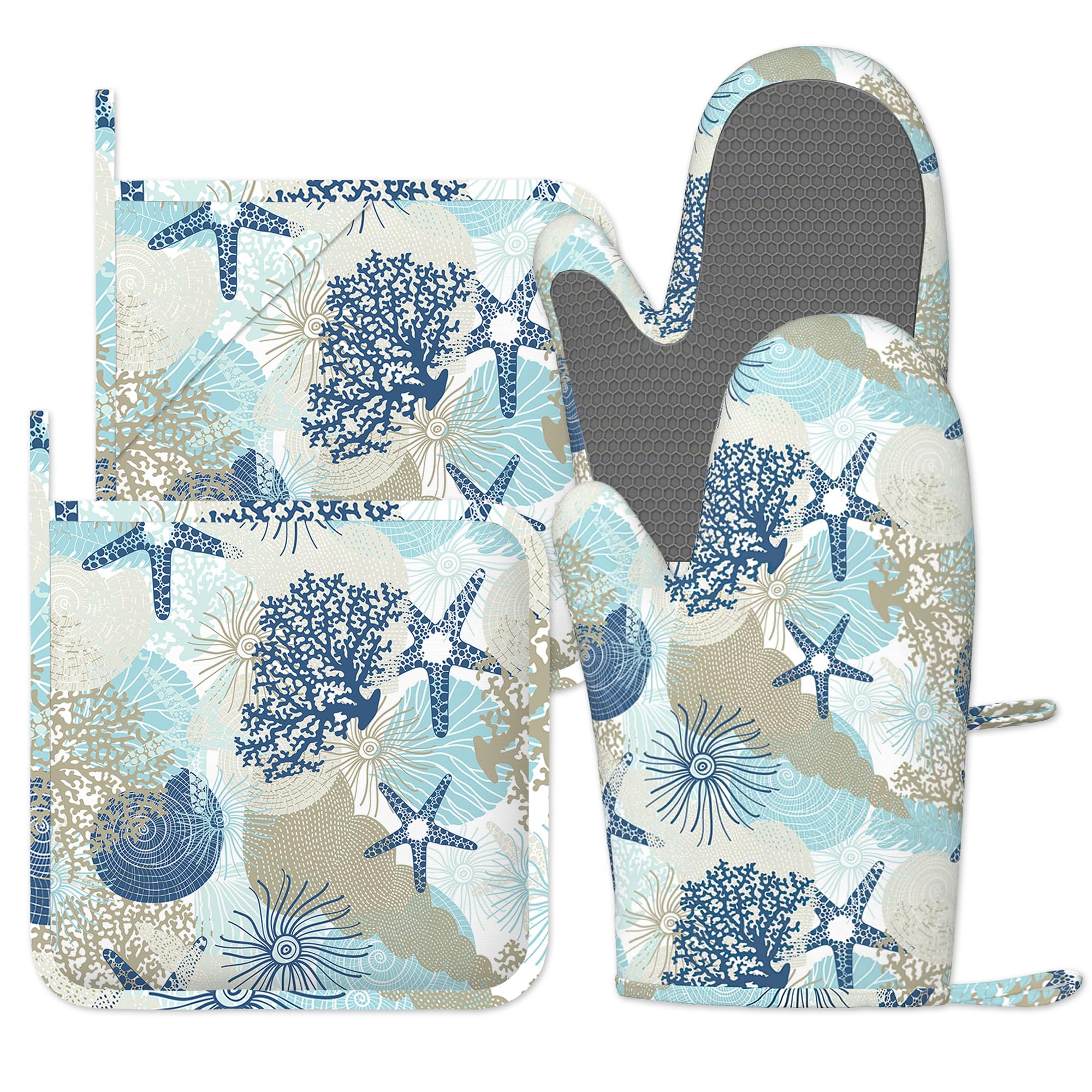 Oven Mitts and Pot Holders Sets of 4, Beach Starfish Silicone Oven Gloves Heat Resistant, Non-Slip BBQ Gloves for Kitchen Cooking Baking Grilling Microwave