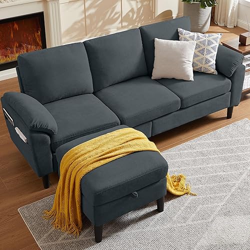 Miniatura 8 de Sofá Seccional Convertible de 79", Sofá Moderno de Lino Pequeño en Forma de L con Chaise Reversible y Otomana de Almacenamiento, Sofá de 3 Asientos