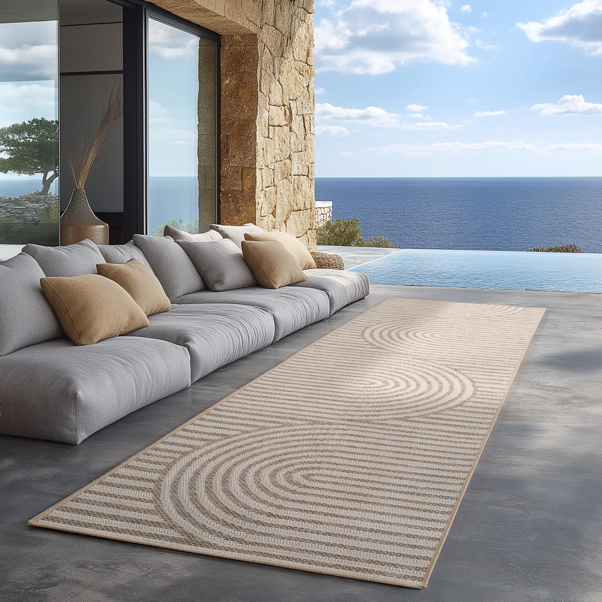 Carpettex Tapis d'extérieur Beige 80x250 cm, idéal pour la Cuisine, Le Balcon, la terrasse, Ainsi Que Le Salon et la Salle à Manger, Design bohème scandinave