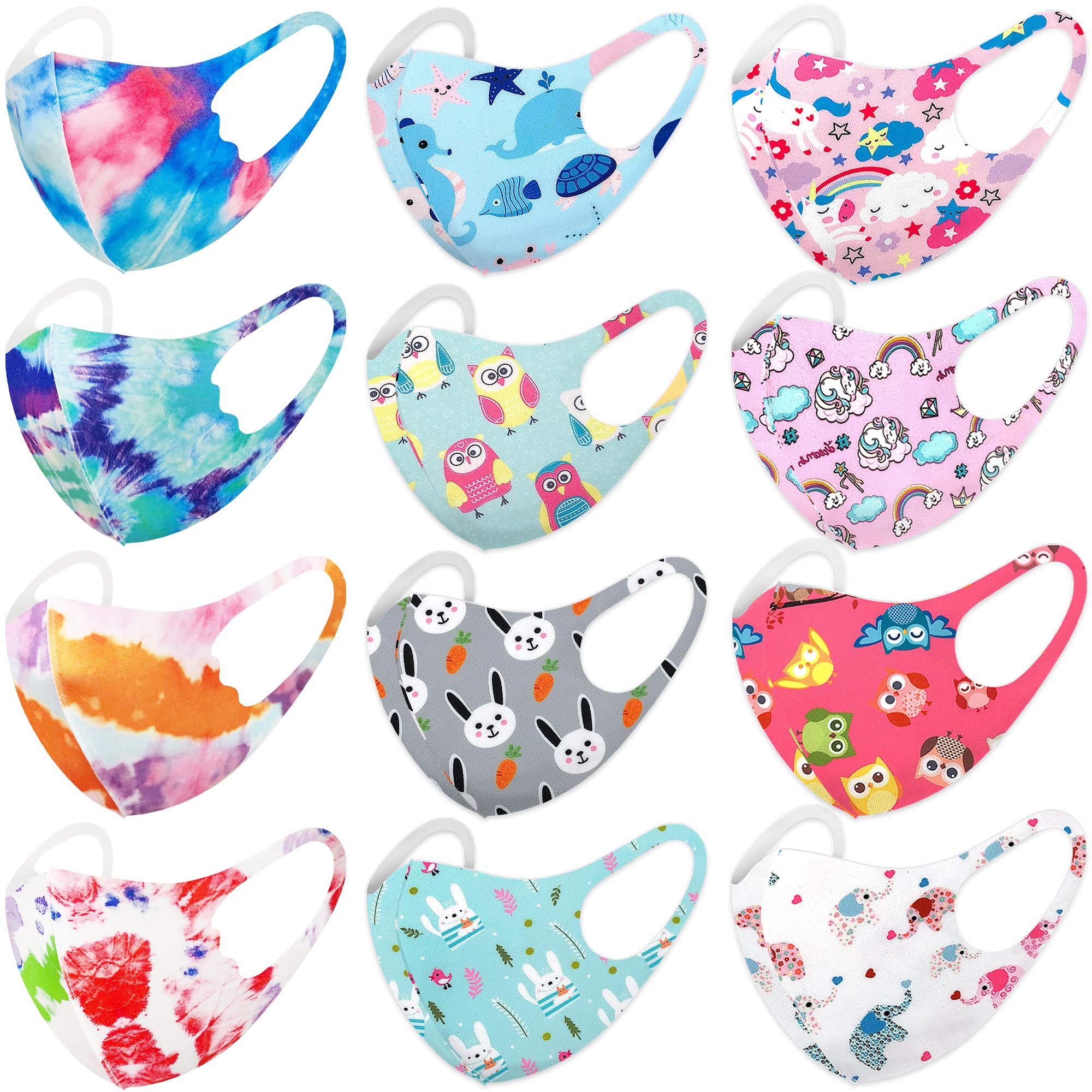 12 Pack Unisex Children Dust Protection, Breathable, Washable and Reusable Face Masks, Boys & Girls (12 PACK, SET VII)