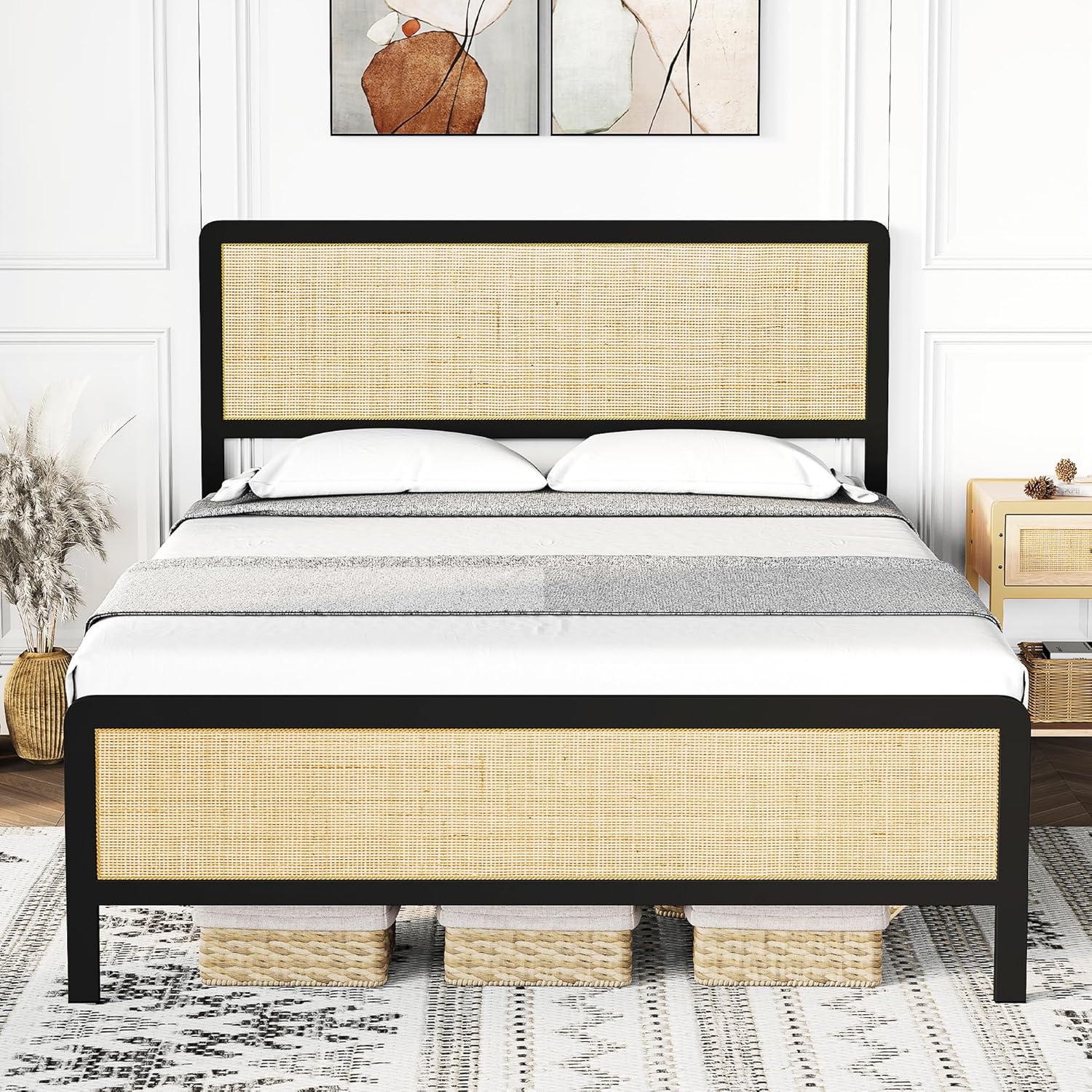 Amyove Queen Size Bed Frame with Natural Rattan Headboard, Bohemian Platform Bed Frame with Strong Metal Slats Support, Boho Cane/Mattress Foundation/No Box Spring Needed